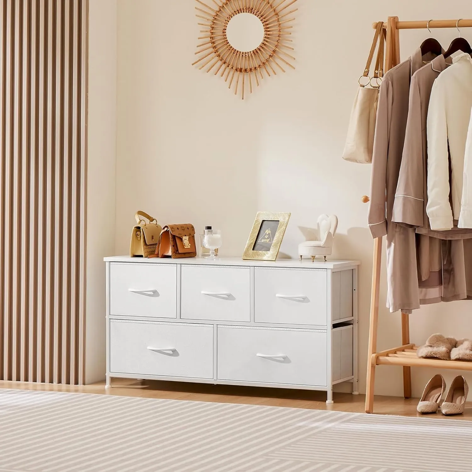 OLIXIS Dresser Nightstand for Bedroom, 5 Storage Drawers, Wide Fabric Closet Chests Organizer Furniture, TV Stand with Wooden Top Metal Frame for Clothes, Living Room, Entryway,Classic White
