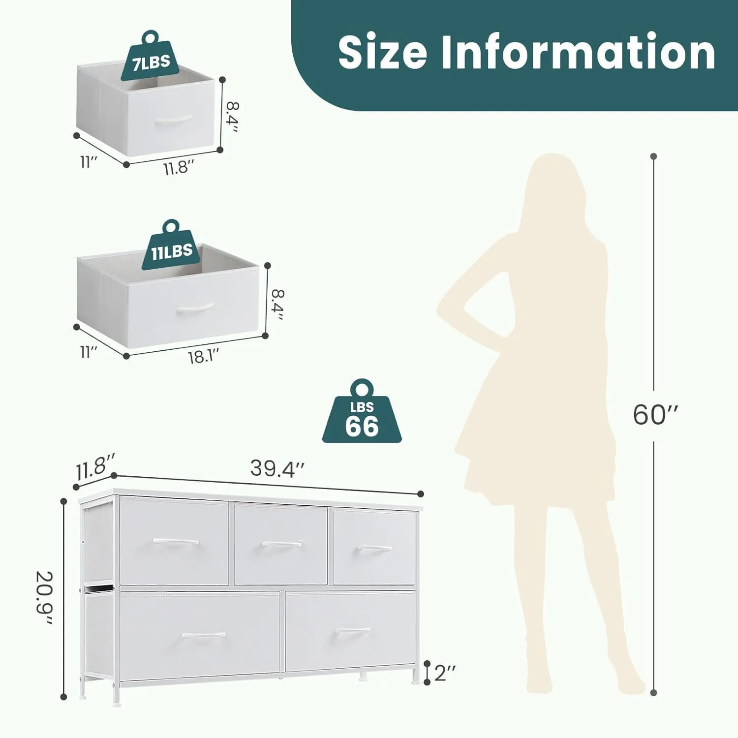 OLIXIS Dresser Nightstand for Bedroom, 5 Storage Drawers, Wide Fabric Closet Chests Organizer Furniture, TV Stand with Wooden Top Metal Frame for Clothes, Living Room, Entryway,Classic White