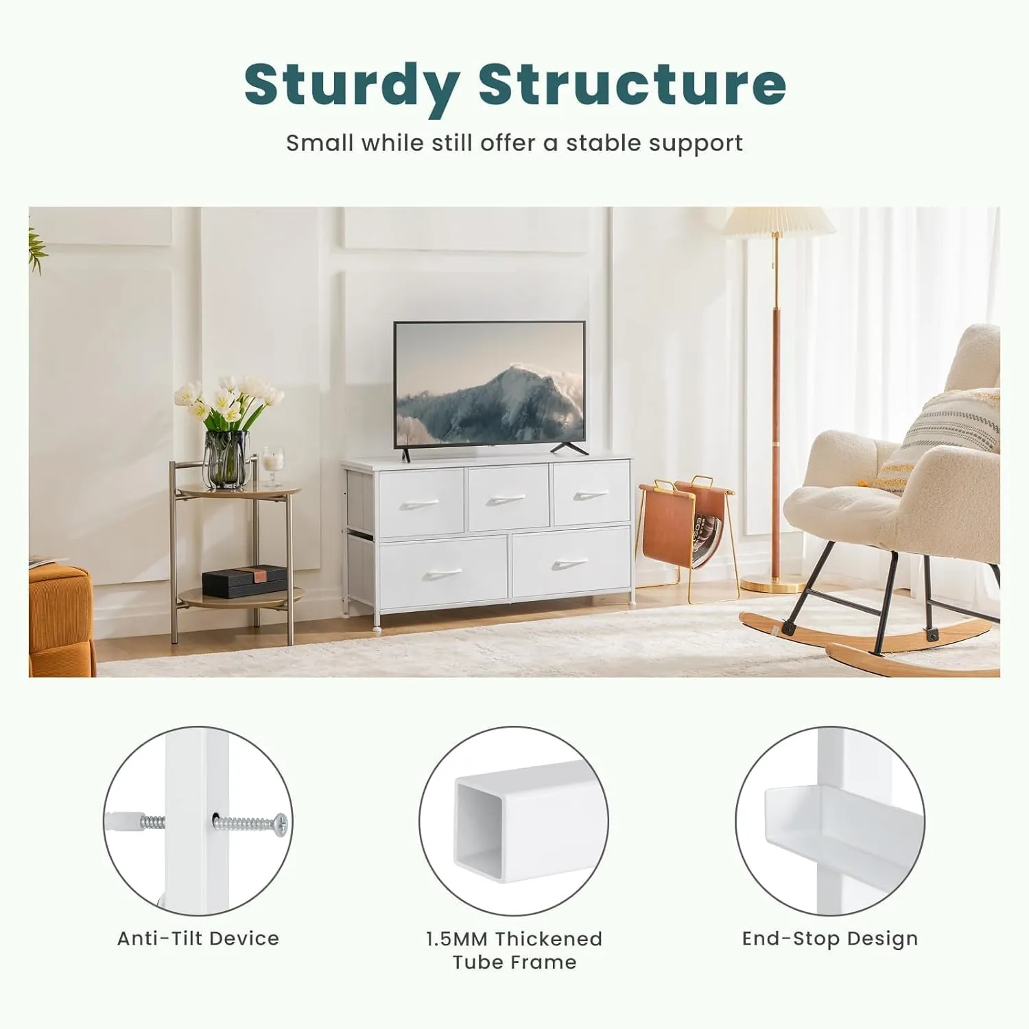 OLIXIS Dresser Nightstand for Bedroom, 5 Storage Drawers, Wide Fabric Closet Chests Organizer Furniture, TV Stand with Wooden Top Metal Frame for Clothes, Living Room, Entryway,Classic White