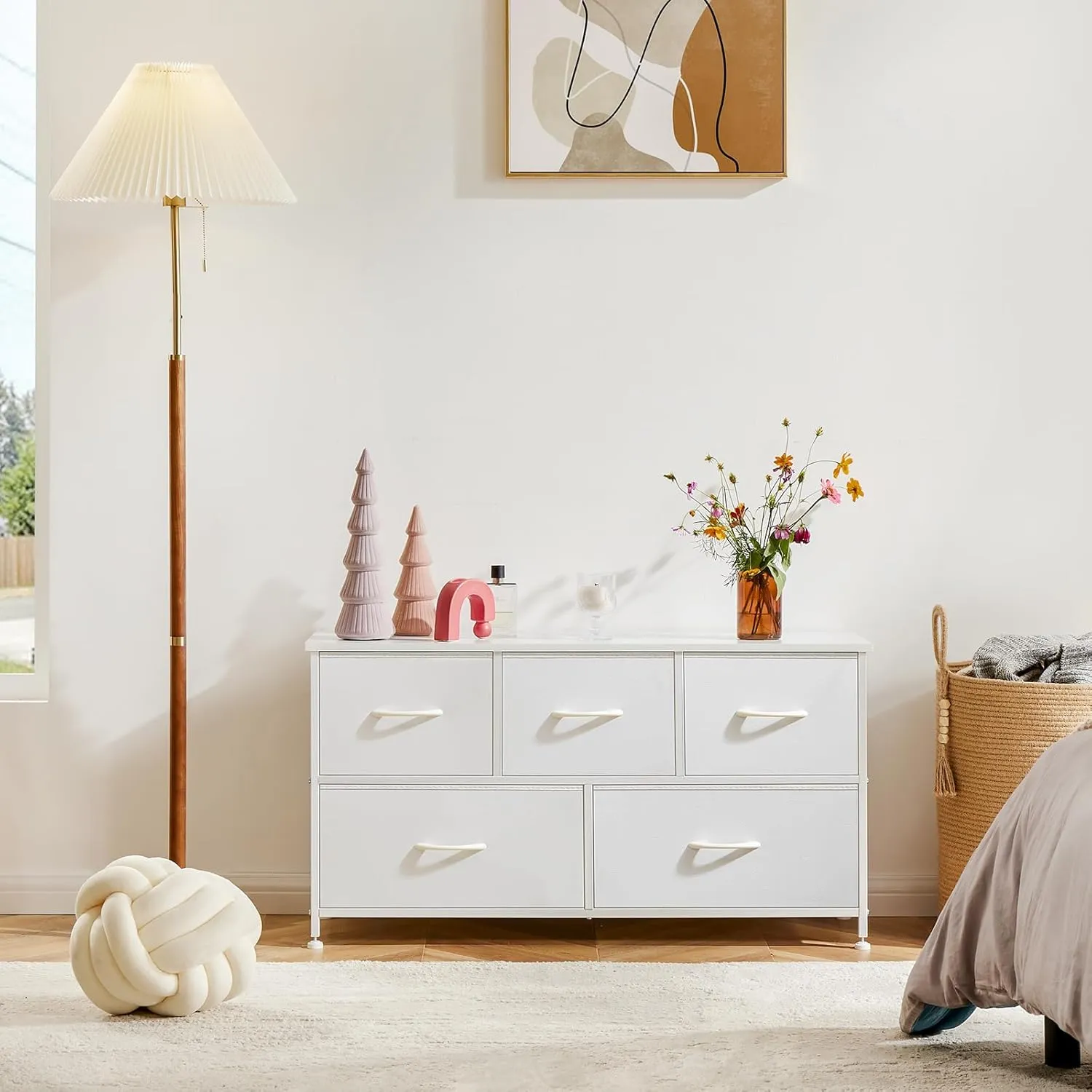 OLIXIS Dresser Nightstand for Bedroom, 5 Storage Drawers, Wide Fabric Closet Chests Organizer Furniture, TV Stand with Wooden Top Metal Frame for Clothes, Living Room, Entryway,Classic White