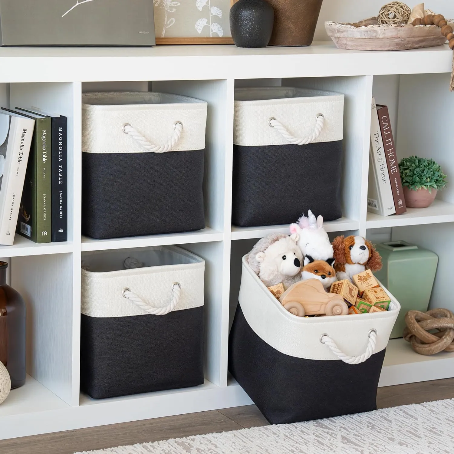 OrganiHaus 11x11 Cube Storage Bins 4 pack, Foldable Cube Storage Organizer w/ Rope Handles, Collapsible Fabric Bins for Toys, Clothes & Closet Organization, Fabric Square Baskets - Black/White
