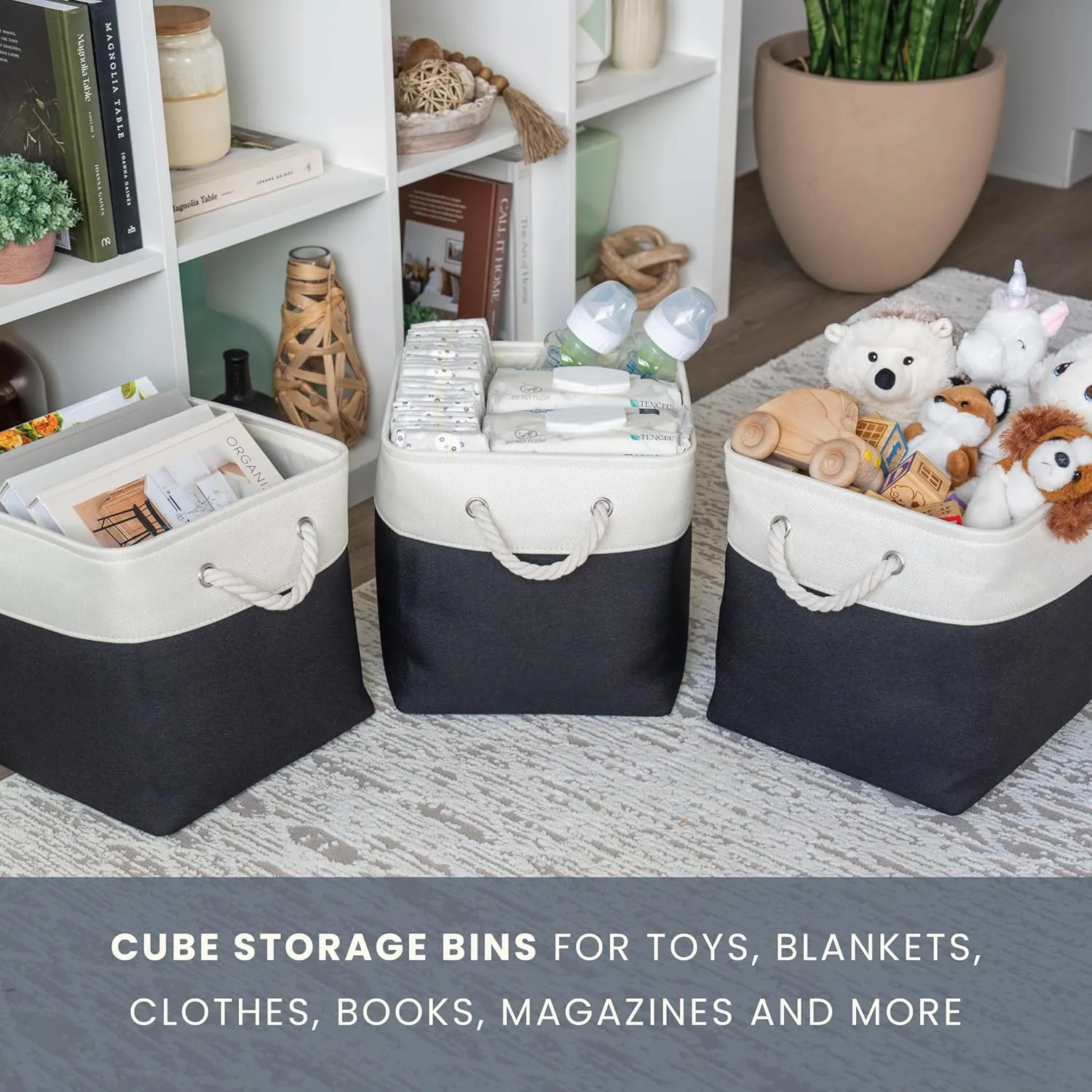OrganiHaus 11x11 Cube Storage Bins 4 pack, Foldable Cube Storage Organizer w/ Rope Handles, Collapsible Fabric Bins for Toys, Clothes & Closet Organization, Fabric Square Baskets - Black/White
