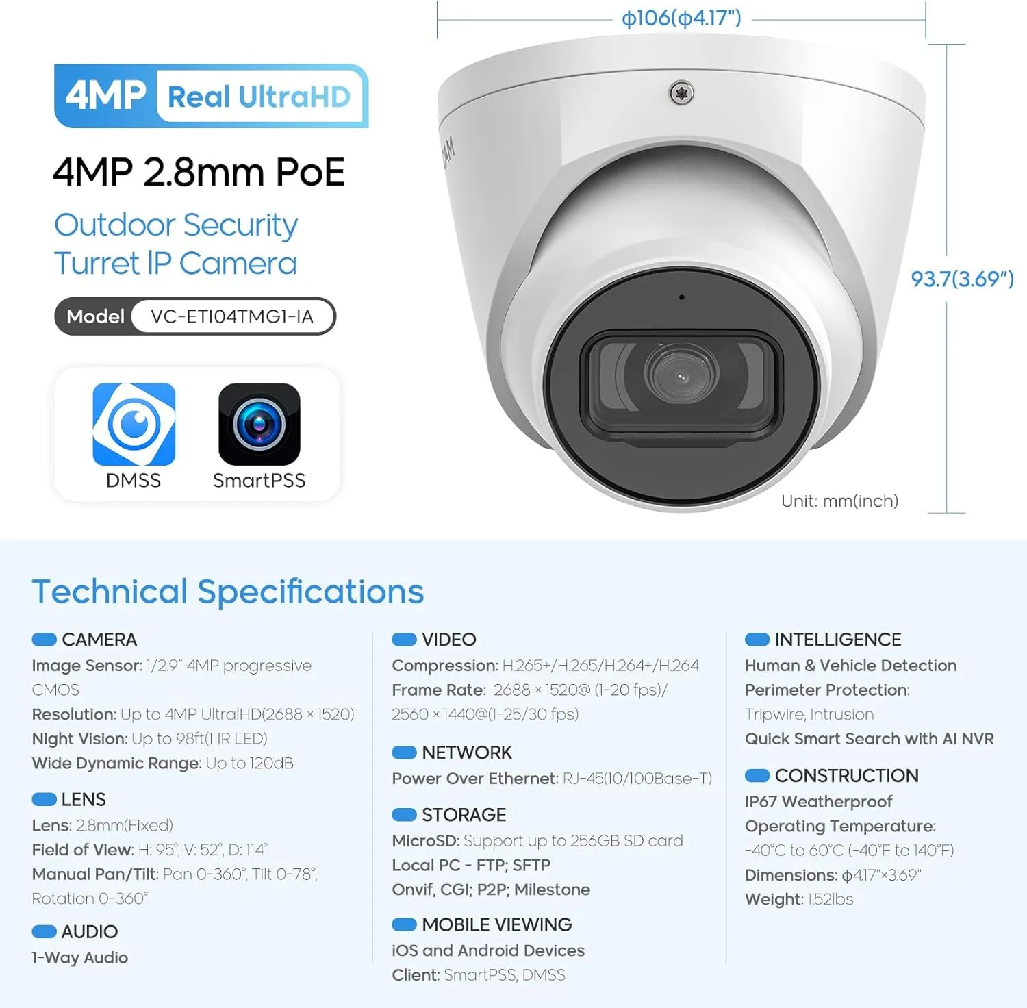 Outdoor 4MP IP PoE Turret Camera,DMSS &SmartPSS Lite, IVS Intrusion Tripwire, Built-in Mic/Audio, SD Card Slot, Smart Human/Vehicle Detection, 98ft Starlight NightVision, 2.8mm 114° Wide Angle, IP67