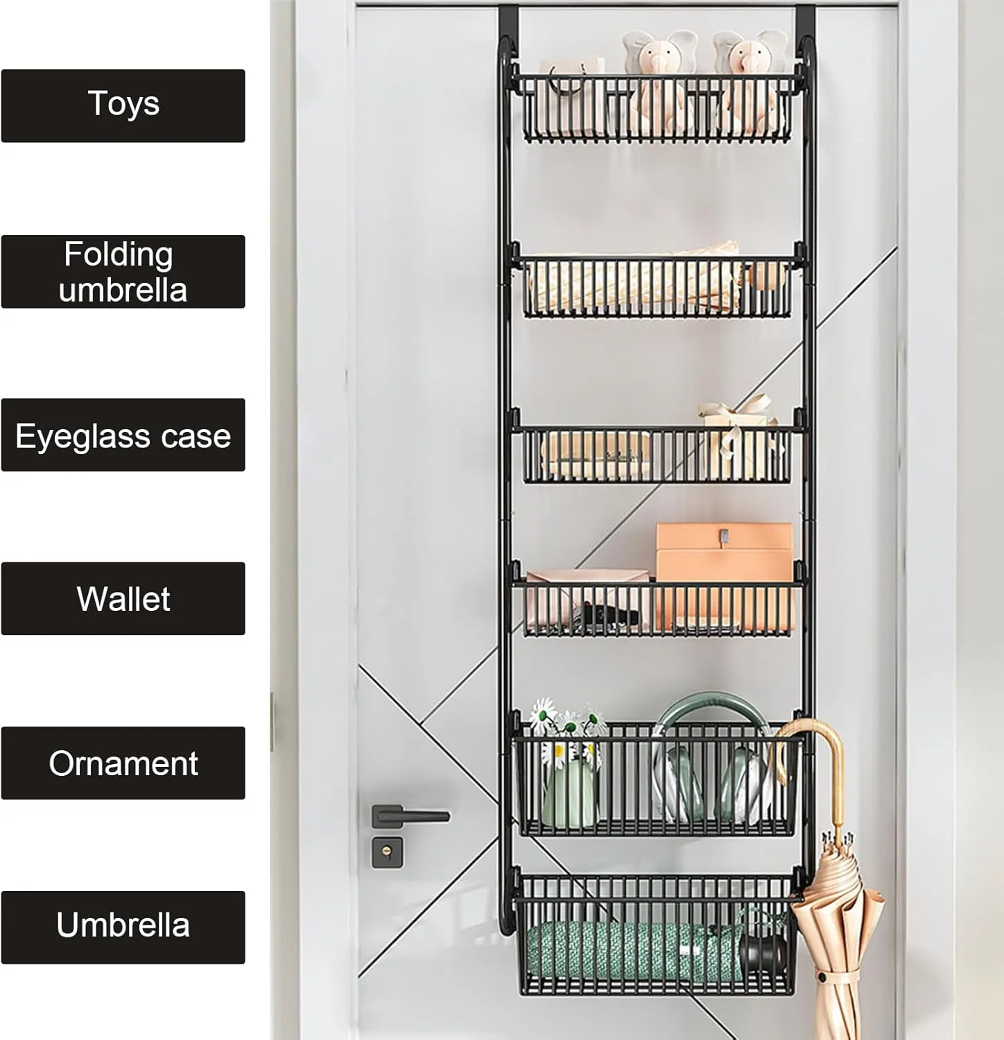 Over The Door Organizer, Metal Behind Door Hanging Storage, Toys Umbrellas Bags Organizer Rack, Large Capacity Organizer for Bedroom Bathroom Kitchen Pantry Closet Cabinet (White,Six-Tier)