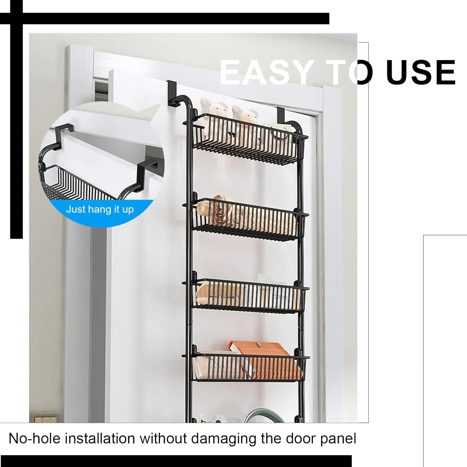 Over The Door Organizer, Metal Behind Door Hanging Storage, Toys Umbrellas Bags Organizer Rack, Large Capacity Organizer for Bedroom Bathroom Kitchen Pantry Closet Cabinet (White,Six-Tier)