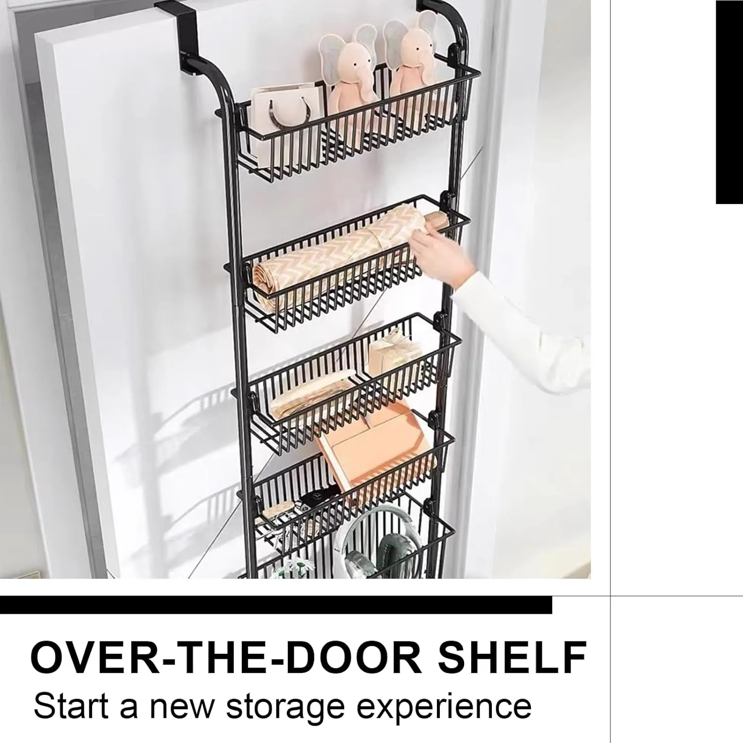 Over The Door Organizer, Metal Behind Door Hanging Storage, Toys Umbrellas Bags Organizer Rack, Large Capacity Organizer for Bedroom Bathroom Kitchen Pantry Closet Cabinet (White,Six-Tier)