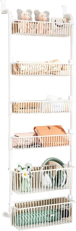 Over The Door Organizer, Metal Behind Door Hanging Storage, Toys Umbrellas Bags Organizer Rack, Large Capacity Organizer for Bedroom Bathroom Kitchen Pantry Closet Cabinet (White,Six-Tier)