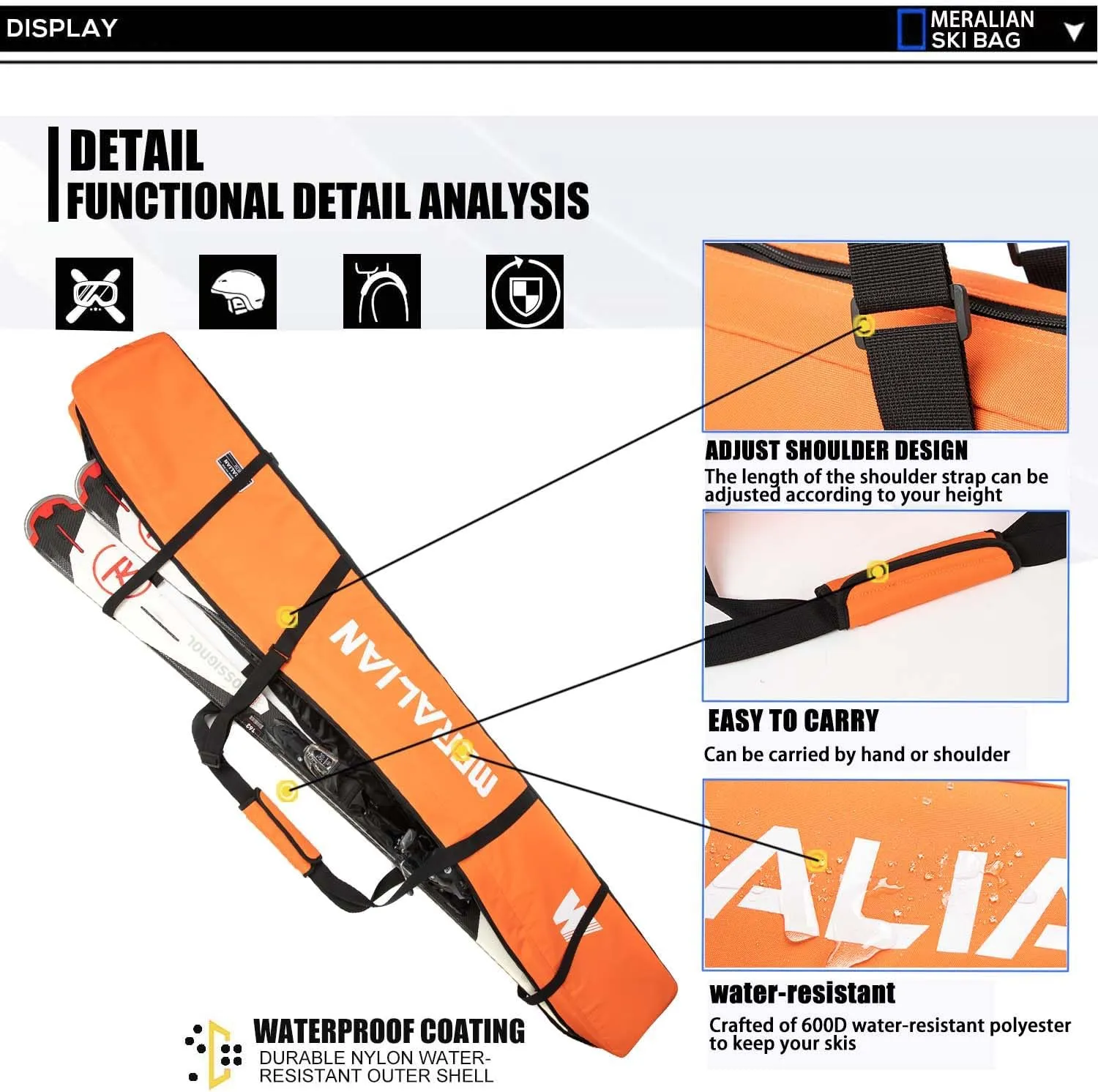Padded Ski Bag,Waterproof Full Padded Single Ski Travel Bag with Adjustable Shoulder Strap.