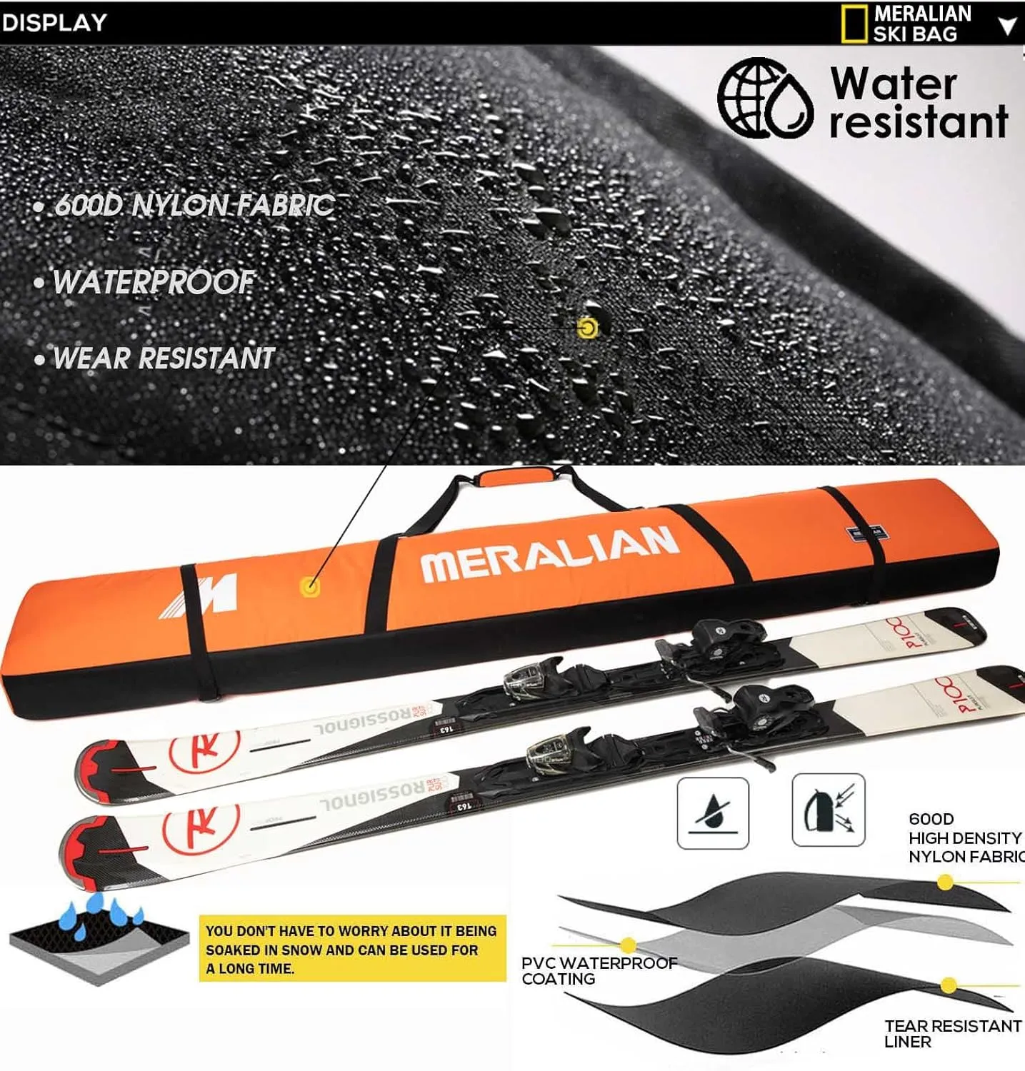 Padded Ski Bag,Waterproof Full Padded Single Ski Travel Bag with Adjustable Shoulder Strap.