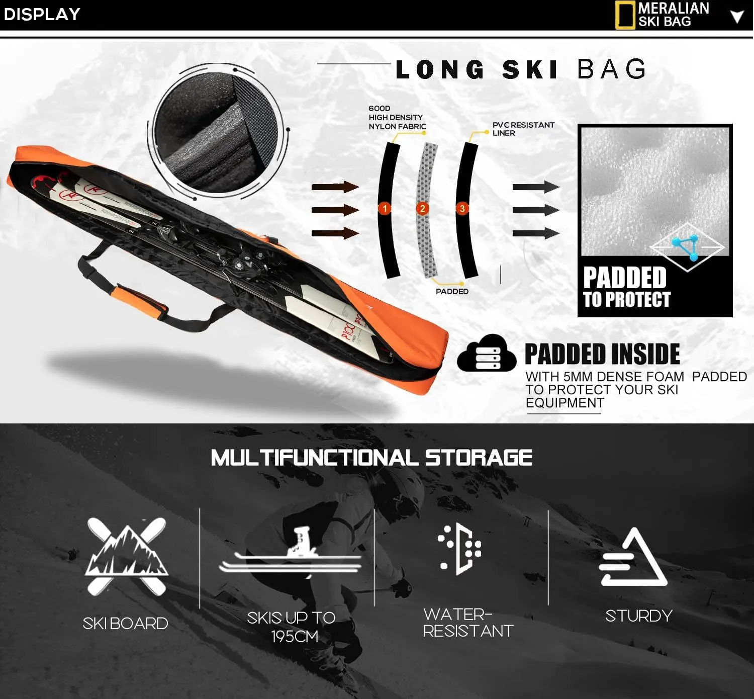 Padded Ski Bag,Waterproof Full Padded Single Ski Travel Bag with Adjustable Shoulder Strap.