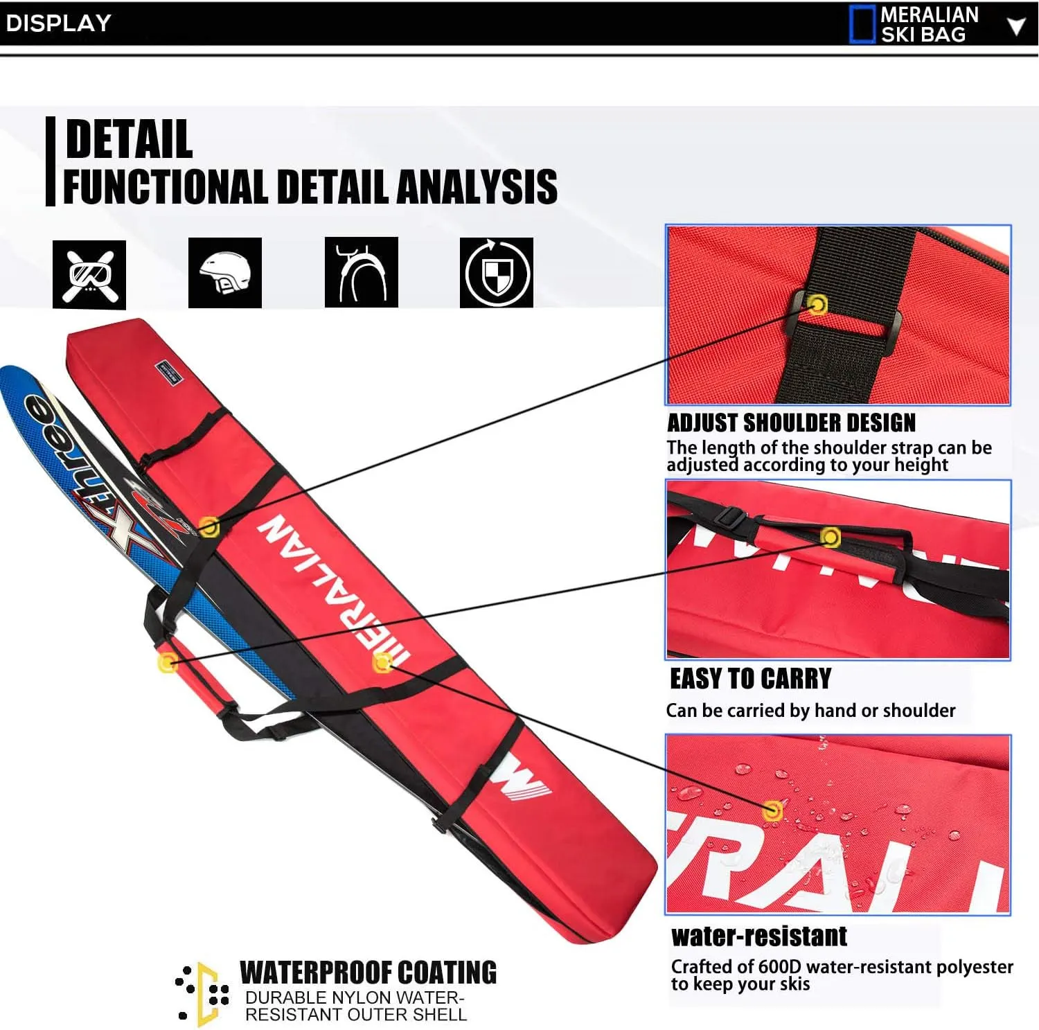Padded Ski Bag,Waterproof Full Padded Single Ski Travel Bag with Adjustable Shoulder Strap.
