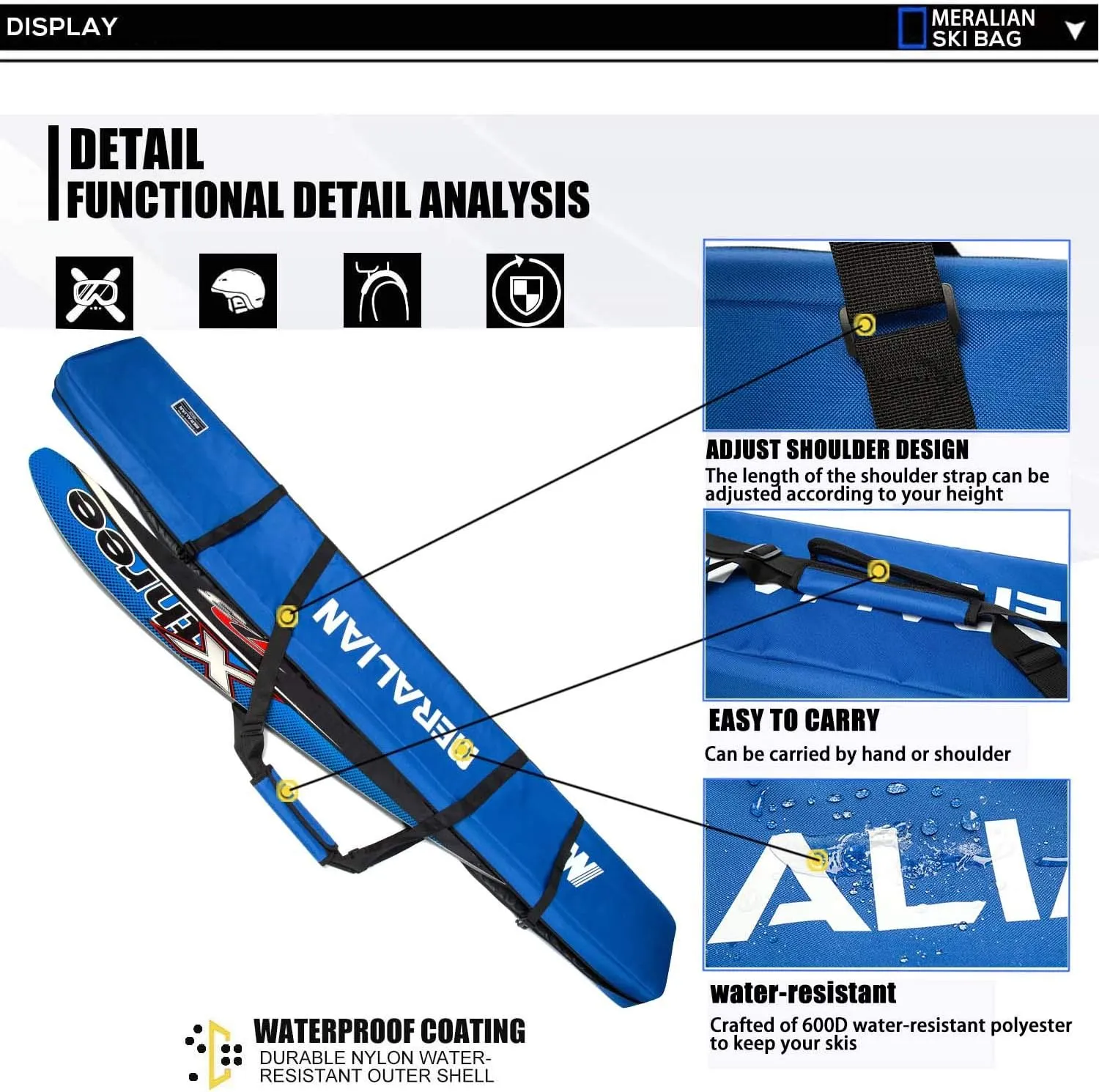 Padded Ski Bag,Waterproof Full Padded Single Ski Travel Bag with Adjustable Shoulder Strap.
