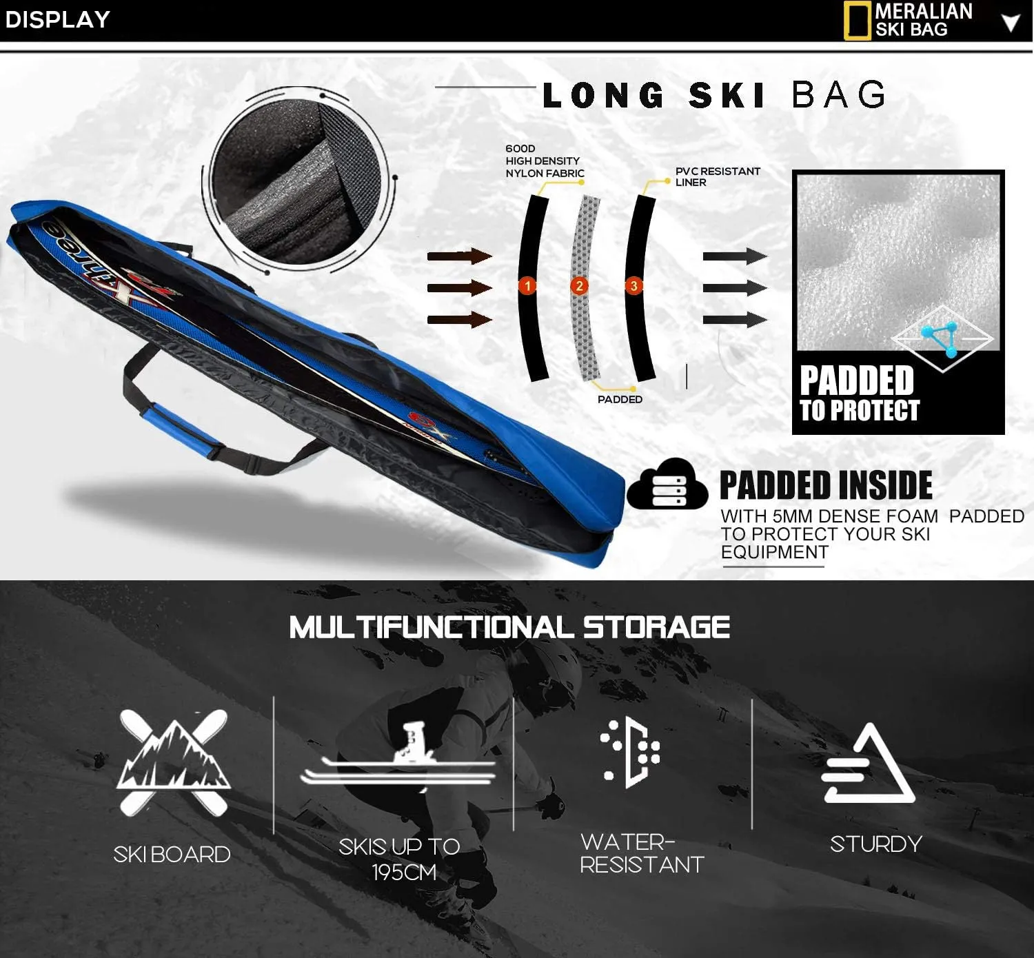 Padded Ski Bag,Waterproof Full Padded Single Ski Travel Bag with Adjustable Shoulder Strap.