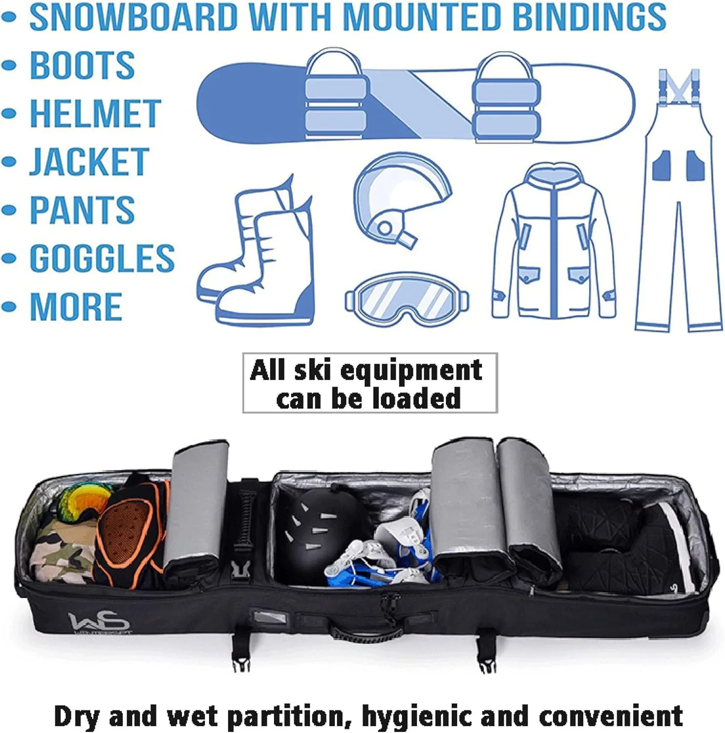 Padded Snowboard Bag with Wheels - Rolling Double Ski Bag Portable Waterproof - Store & Transport Travel Bag for Air and Road Trips