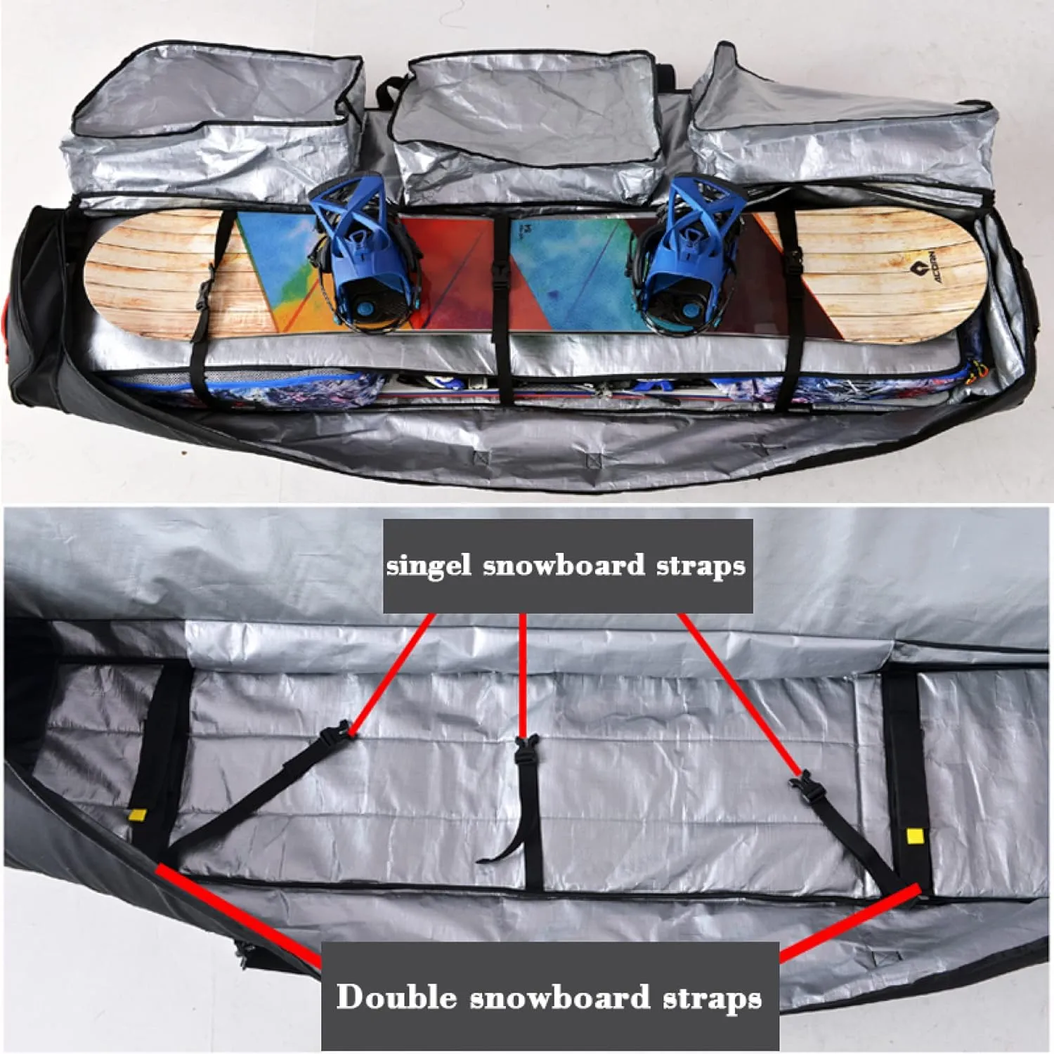 Padded Snowboard Bag with Wheels - Rolling Double Ski Bag Portable Waterproof - Store & Transport Travel Bag for Air and Road Trips