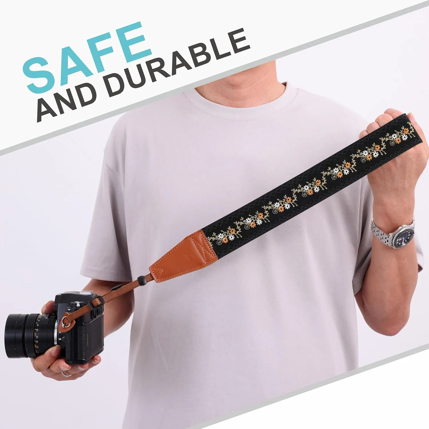 Padwa Lifestyle Camera Strap - 2" Full Grain Leather Ends Camera Straps for Photographers, Vintage Embroidered Cotton Weave Soft Suede Fabric Padded Strap Quick Release fits All Cameras