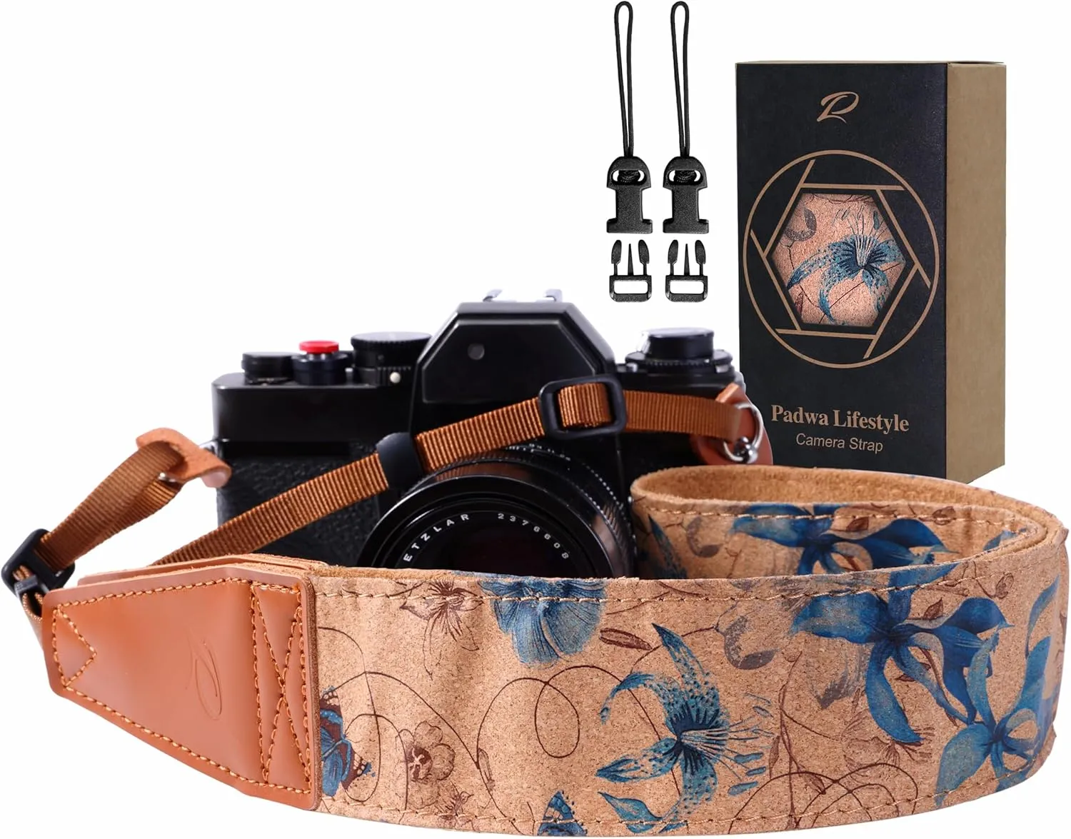 Padwa Lifestyle Cork Camera Strap - 2" Top Layer Cowhide Head Camera Straps for Photographers,Natural Log Crackle Art Print Style,Soft Chamois Velvet Padded Strap Quick Release fits All Cameras