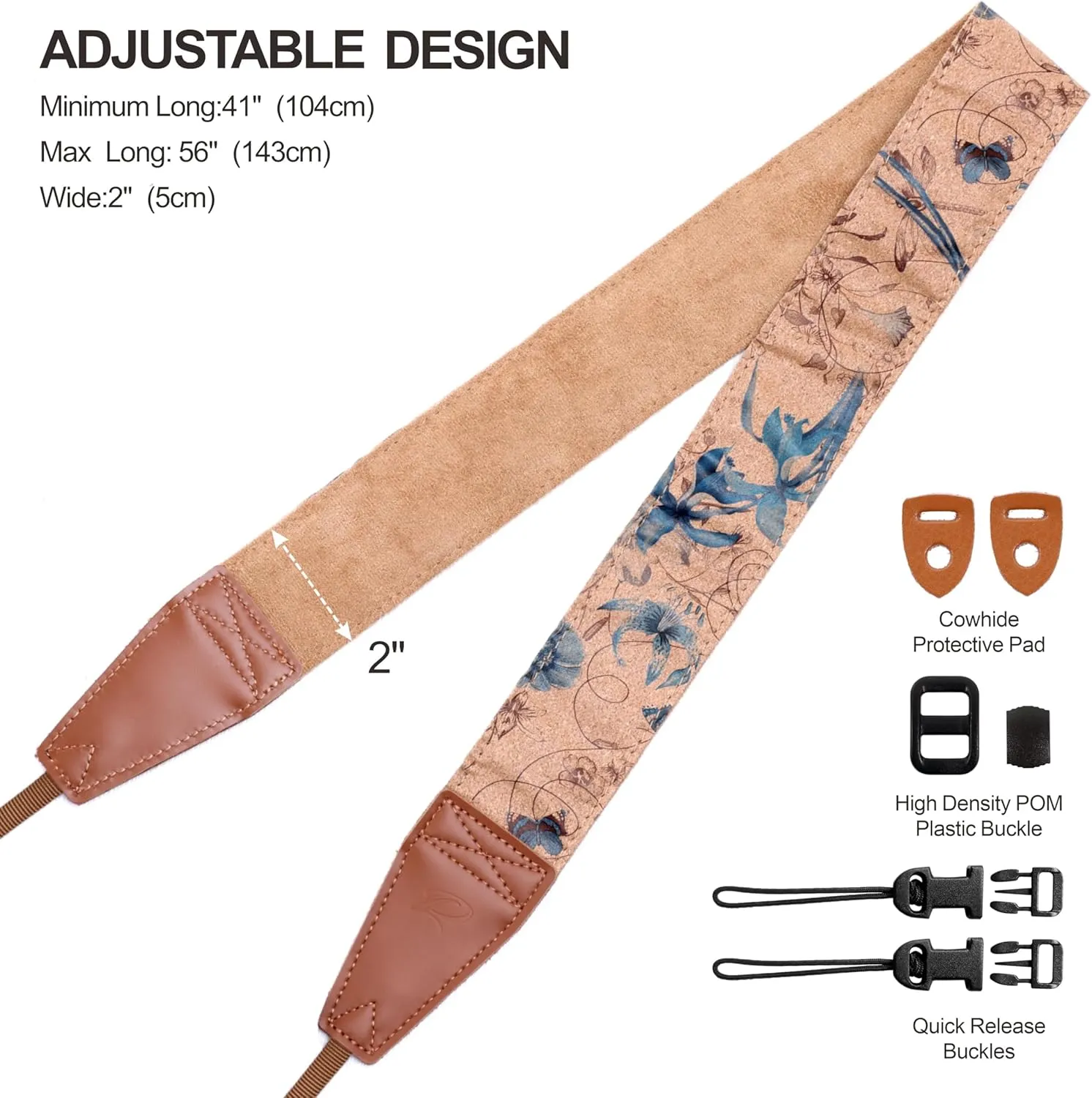 Padwa Lifestyle Cork Camera Strap - 2" Top Layer Cowhide Head Camera Straps for Photographers,Natural Log Crackle Art Print Style,Soft Chamois Velvet Padded Strap Quick Release fits All Cameras