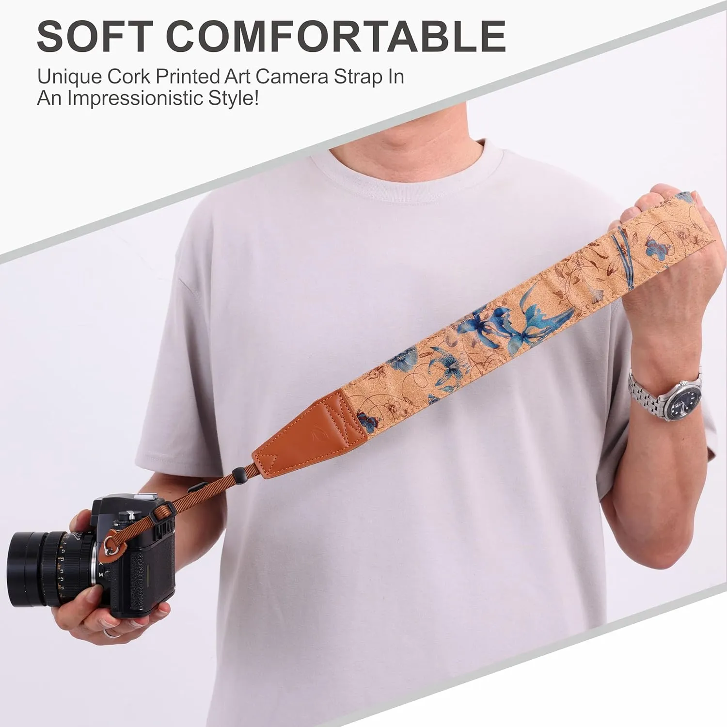 Padwa Lifestyle Cork Camera Strap - 2" Top Layer Cowhide Head Camera Straps for Photographers,Natural Log Crackle Art Print Style,Soft Chamois Velvet Padded Strap Quick Release fits All Cameras