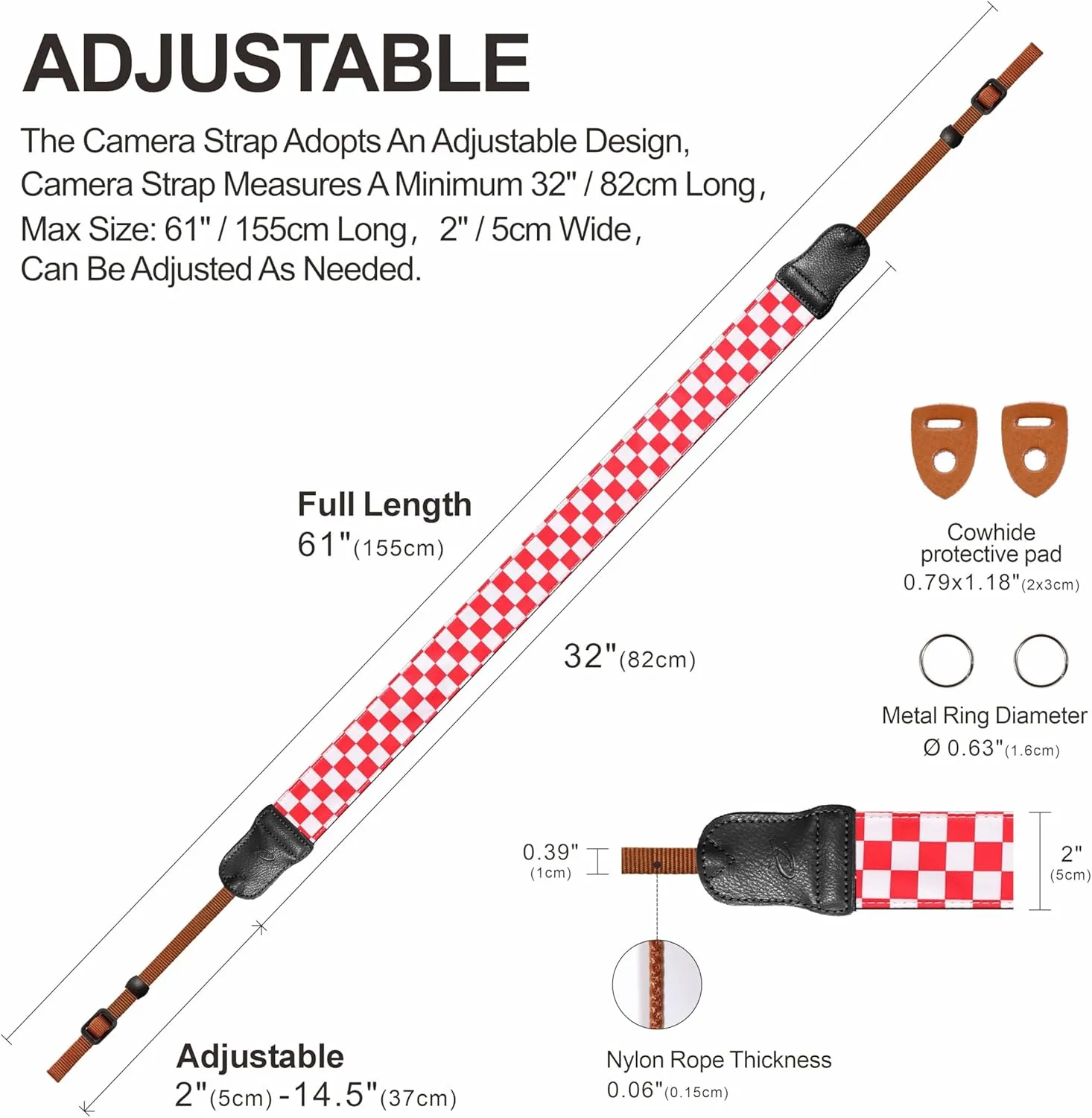 Padwa Lifestyle Red White Plaid Camera Strap - 2" Wide Double Layer Cowhide Head,Cotton Camera Straps for Photographers,Grid Pattern Adjustable Camera Shoulder Neck Strap for All DSLR Cameras