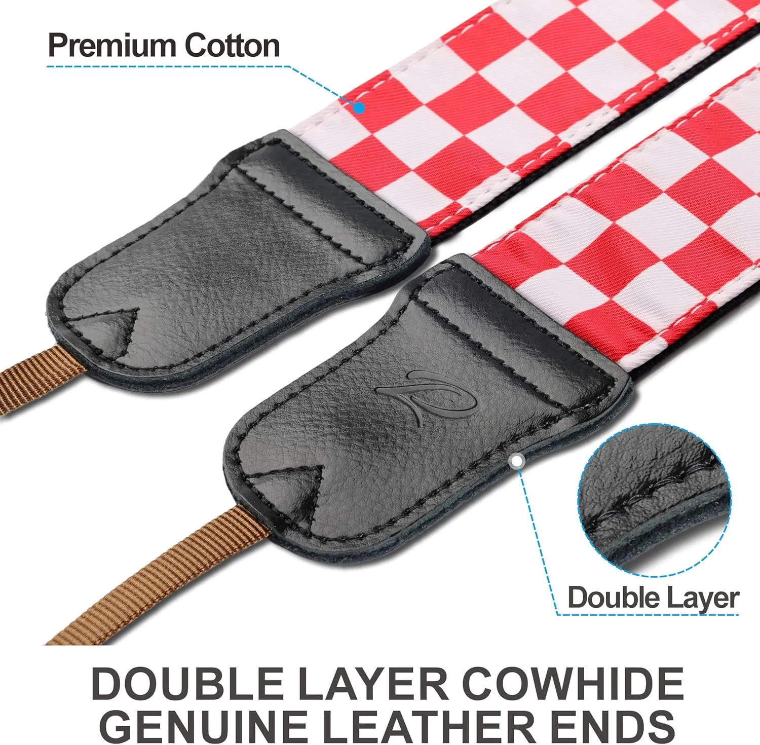 Padwa Lifestyle Red White Plaid Camera Strap - 2" Wide Double Layer Cowhide Head,Cotton Camera Straps for Photographers,Grid Pattern Adjustable Camera Shoulder Neck Strap for All DSLR Cameras