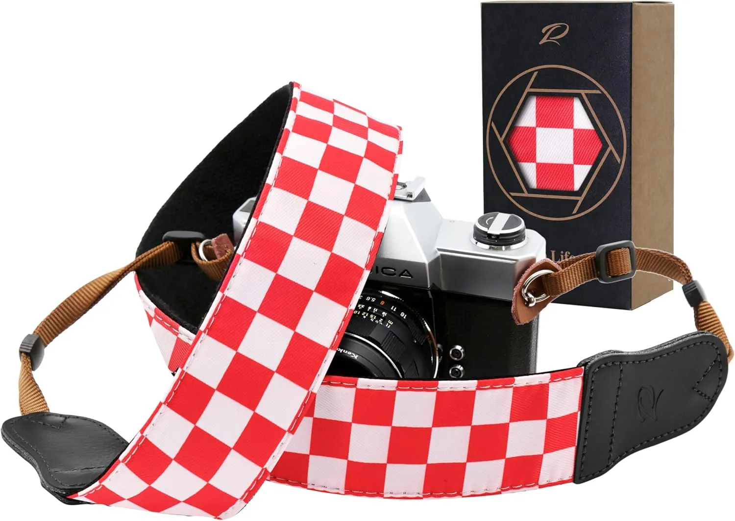 Padwa Lifestyle Red White Plaid Camera Strap - 2" Wide Double Layer Cowhide Head,Cotton Camera Straps for Photographers,Grid Pattern Adjustable Camera Shoulder Neck Strap for All DSLR Cameras