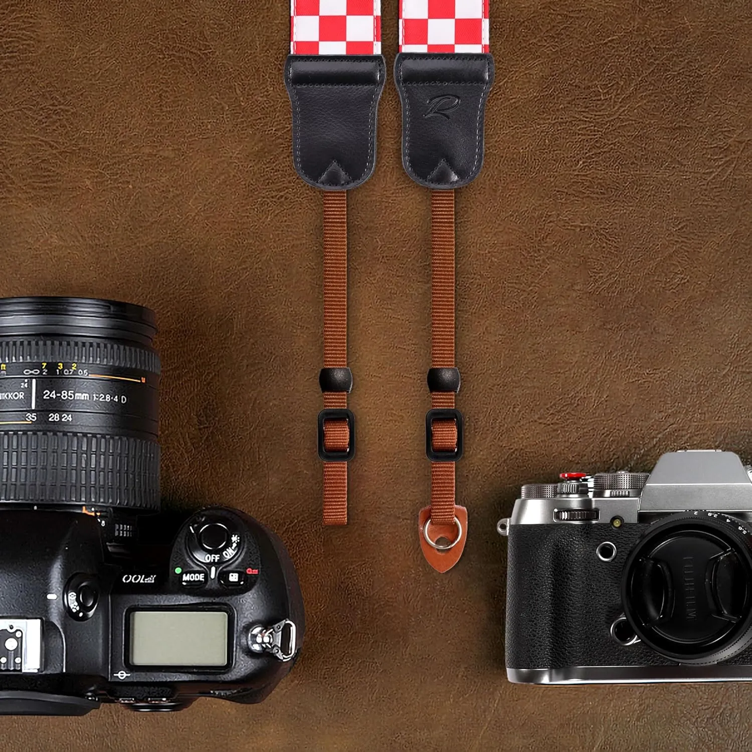 Padwa Lifestyle Red White Plaid Camera Strap - 2" Wide Double Layer Cowhide Head,Cotton Camera Straps for Photographers,Grid Pattern Adjustable Camera Shoulder Neck Strap for All DSLR Cameras