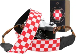 Padwa Lifestyle Red White Plaid Camera Strap - 2" Wide Double Layer Cowhide Head,Cotton Camera Straps for Photographers,Grid Pattern Adjustable Camera Shoulder Neck Strap for All DSLR Cameras