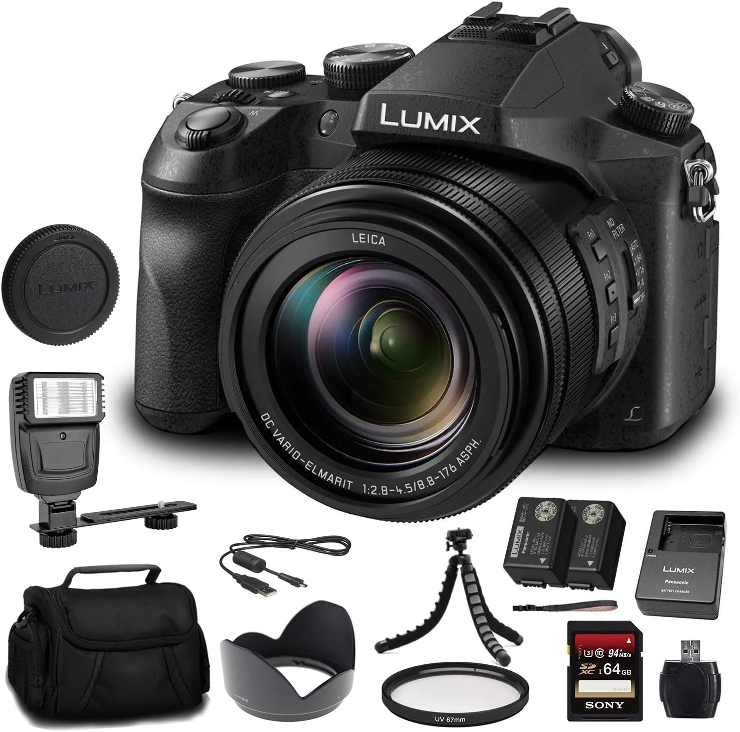 Panasonic Lumix DMC-FZ2500 Digital Camera (DMC-FZ2500) - Bundle - with 64GB Memory Card   DMW-BLC12 Battery   Digital Flash   Soft Bag   12 Inch Flexible Tripod   Cleaning Set   More