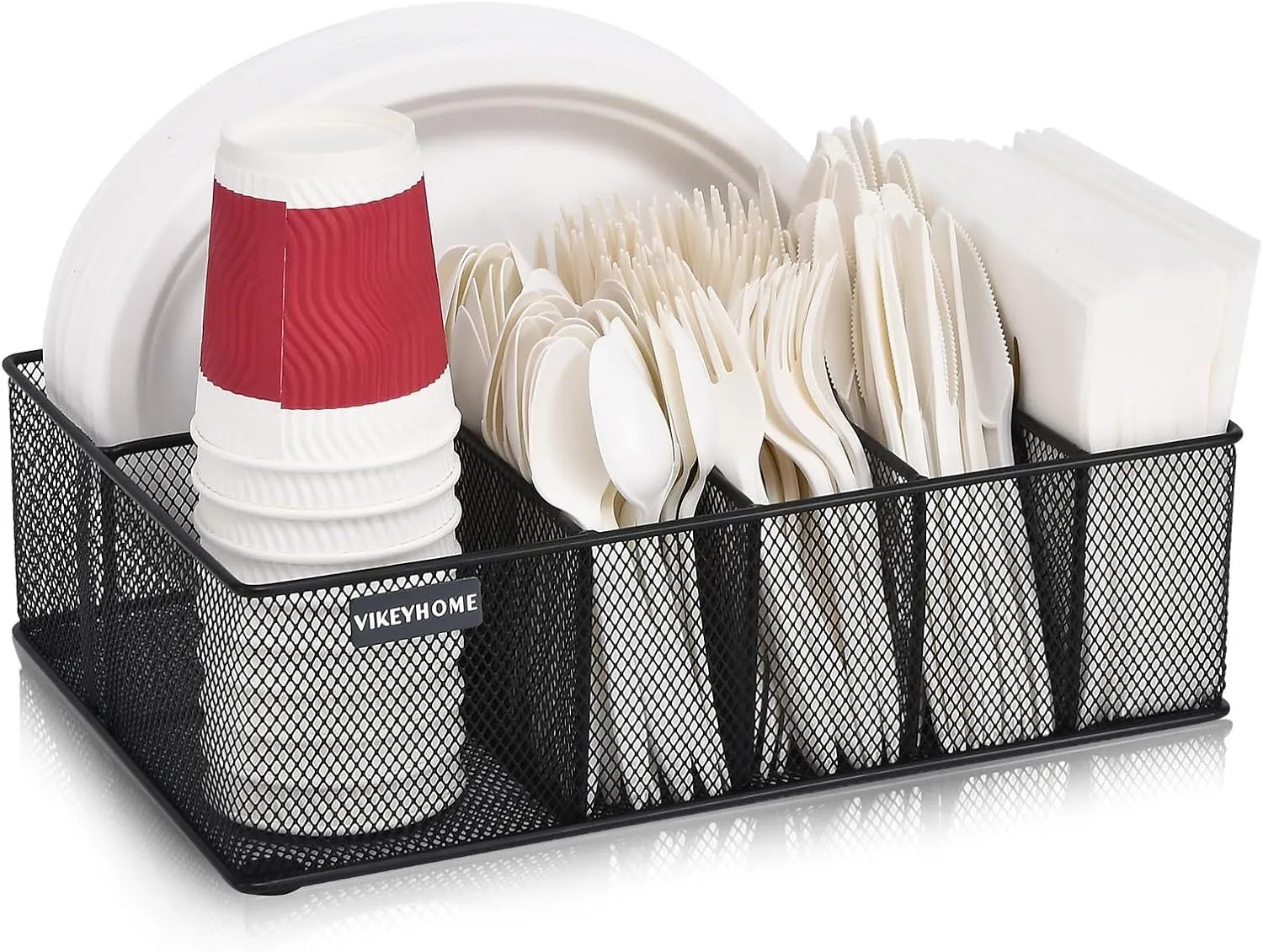 Paper Plate Organizer for Countertop, Metal Silverware Caddy with 6 Compartments for Cup, Napkin, Utensil Holder Caddy for Party, Camping, Picnic