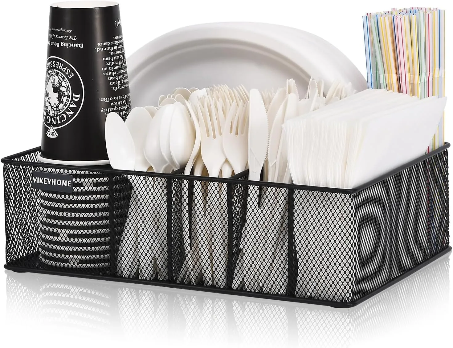 Paper Plate Organizer for Countertop, Metal Silverware Caddy with 6 Compartments for Cup, Napkin, Utensil Holder Caddy for Party, Camping, Picnic