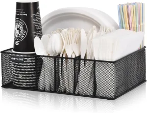 Paper Plate Organizer for Countertop, Metal Silverware Caddy with 6 Compartments for Cup, Napkin, Utensil Holder Caddy for Party, Camping, Picnic