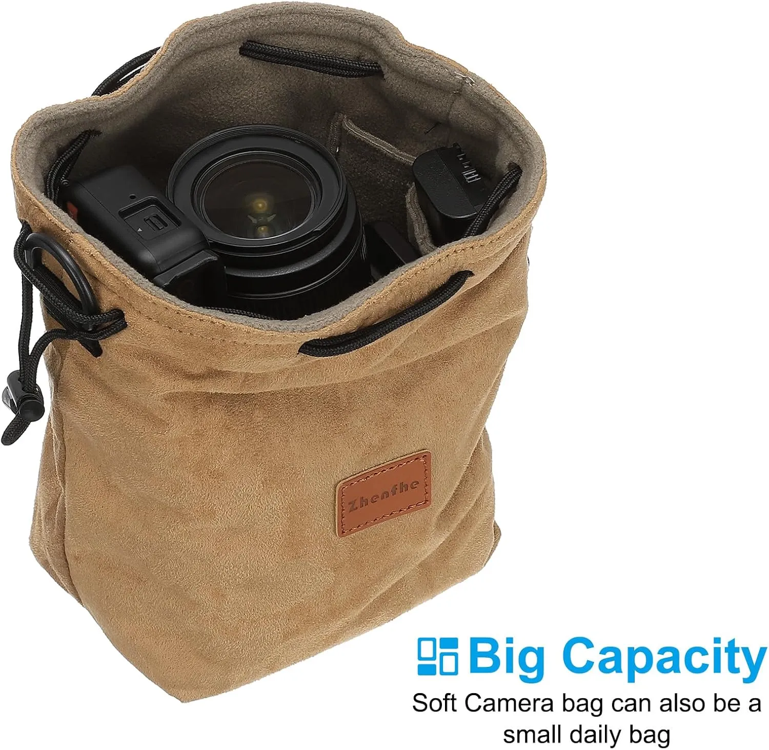 PATIKIL Camera Lens Pouch, S Size Drawstring Lens Case Flannel Camera Lens Handbag Camera Bag with Adjustable Shoulder Strap for DSLR Camera Lens, Grey