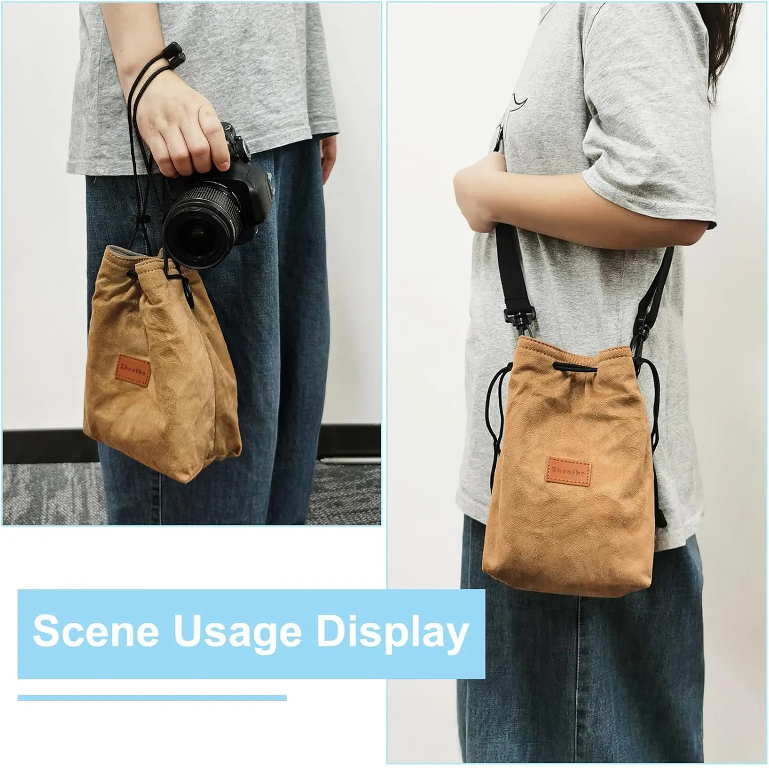 PATIKIL Camera Lens Pouch, S Size Drawstring Lens Case Flannel Camera Lens Handbag Camera Bag with Adjustable Shoulder Strap for DSLR Camera Lens, Grey