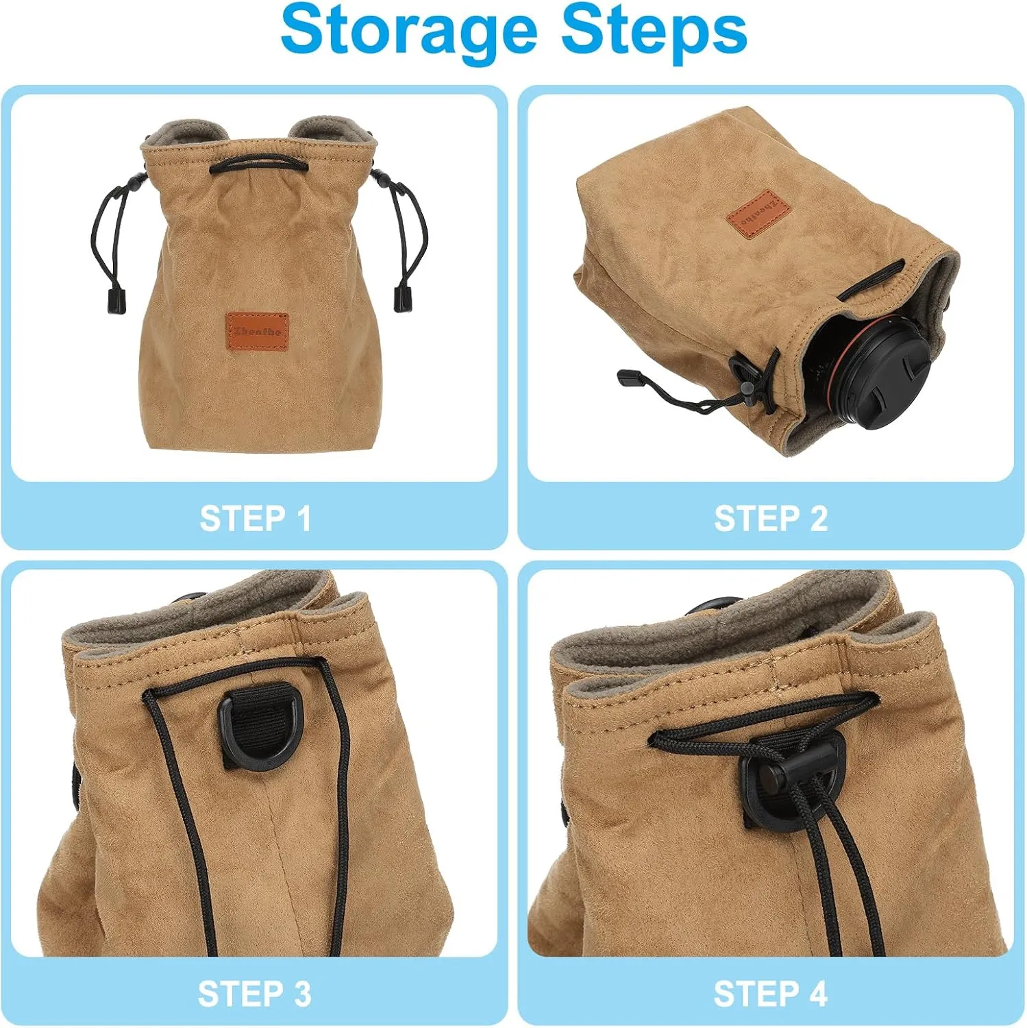 PATIKIL Camera Lens Pouch, S Size Drawstring Lens Case Flannel Camera Lens Handbag Camera Bag with Adjustable Shoulder Strap for DSLR Camera Lens, Grey