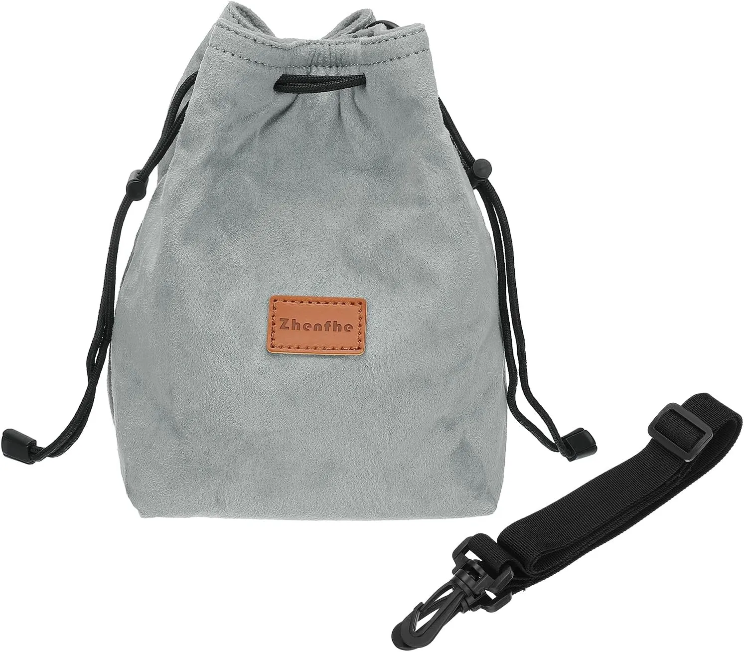 PATIKIL Camera Lens Pouch, S Size Drawstring Lens Case Flannel Camera Lens Handbag Camera Bag with Adjustable Shoulder Strap for DSLR Camera Lens, Grey