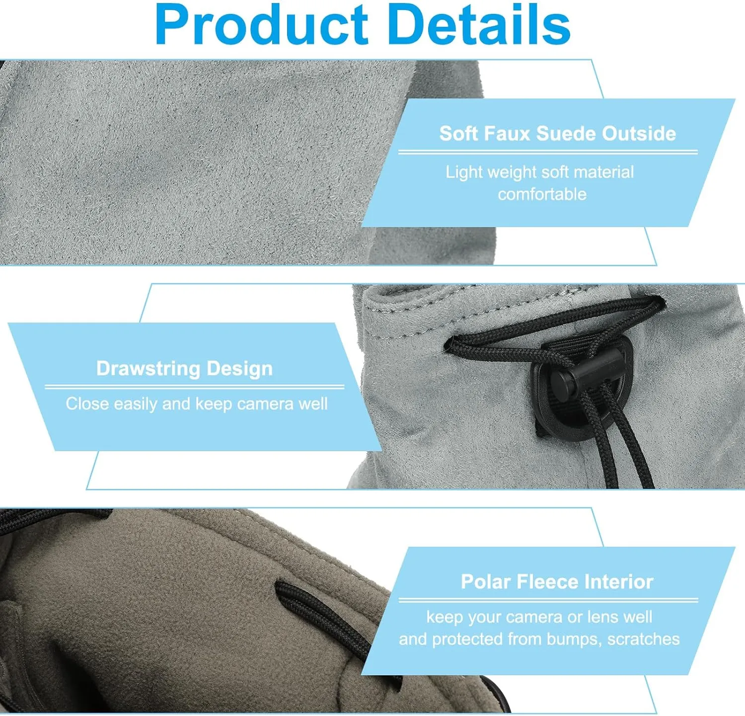 PATIKIL Camera Lens Pouch, S Size Drawstring Lens Case Flannel Camera Lens Handbag Camera Bag with Adjustable Shoulder Strap for DSLR Camera Lens, Grey