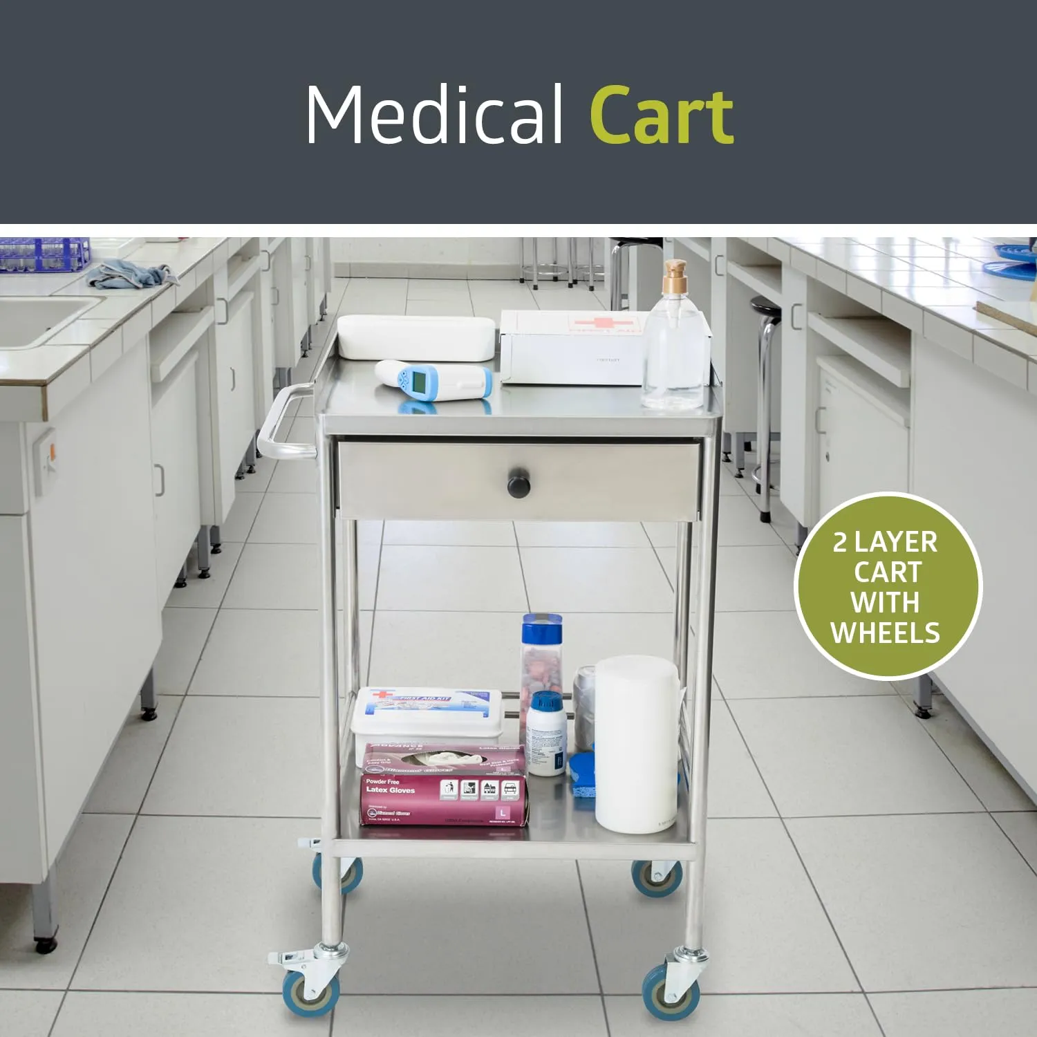 Pearington 2-Tier Rolling Medical and Lab Storage Cart, Large Capacity Portable Cart with Sealed Top and Silent Wheels for Lab, Clinic, Salon, and More, 15.75'' L x 19.65'' W