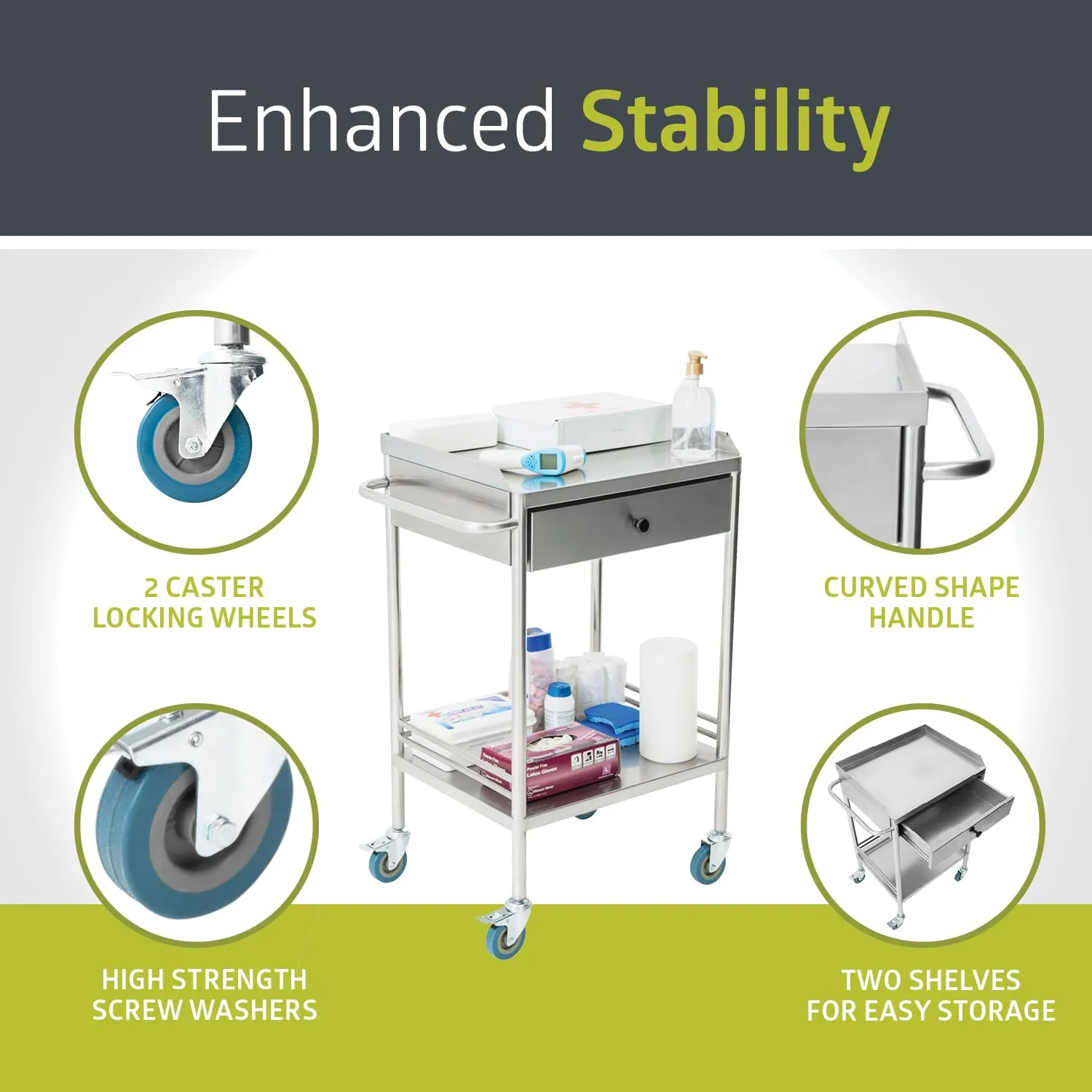 Pearington 2-Tier Rolling Medical and Lab Storage Cart, Large Capacity Portable Cart with Sealed Top and Silent Wheels for Lab, Clinic, Salon, and More, 15.75'' L x 19.65'' W