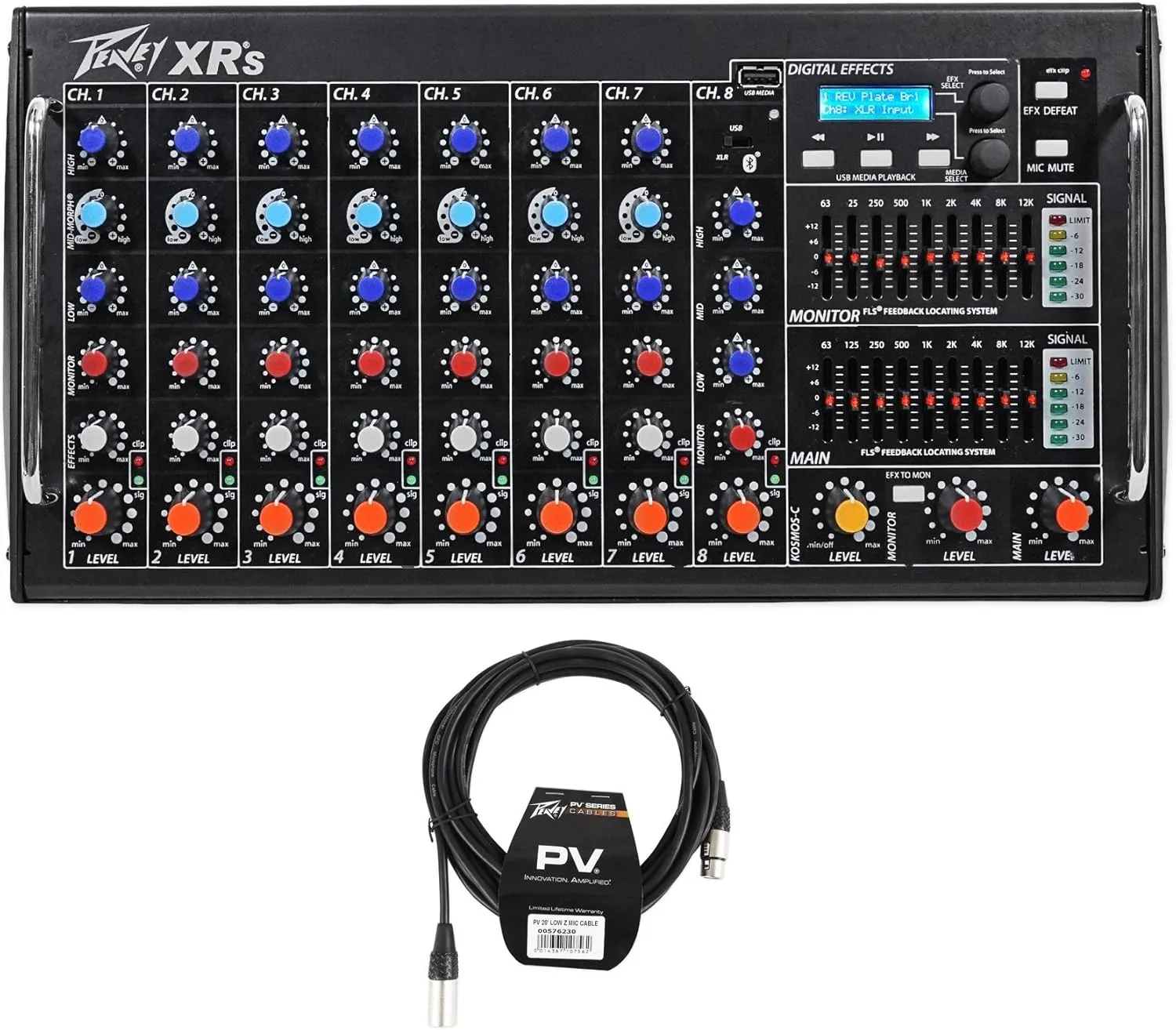 Peavey XR S 1000 Watt Rack Mountable Powered 8 Channel Mixer w/Bluetooth/USB XRS Bundle with Peavey PV 20' XLR Female to Male Low Z Mic Cable