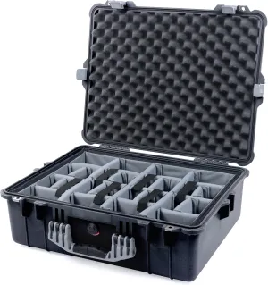 Pelican 1600 Case by ColorCase - Black - Large Size Waterproof Case with Grey Padded Dividers & Convoluted Lid Foam - Silver Handle & Latches