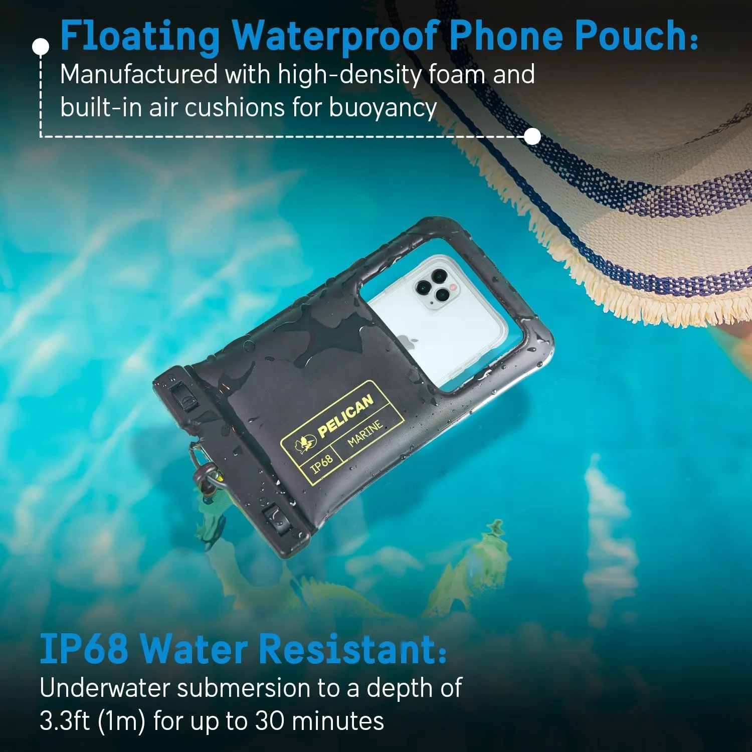 Pelican 2 Pack Marine - IP68 Waterproof Phone Pouch (XL Size) Floating Waterproof Phone Case - Beach Cruise Ship Travel Essentials - Works with All Phones - Detachable Lanyard - Black / Hi-Vis Yellow
