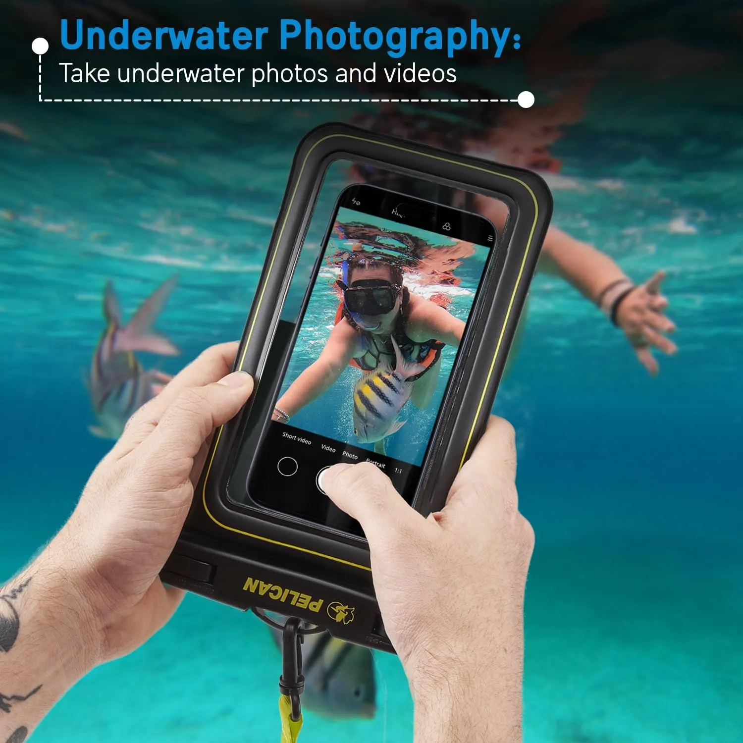 Pelican 2 Pack Marine - IP68 Waterproof Phone Pouch (XL Size) Floating Waterproof Phone Case - Beach Cruise Ship Travel Essentials - Works with All Phones - Detachable Lanyard - Black / Hi-Vis Yellow