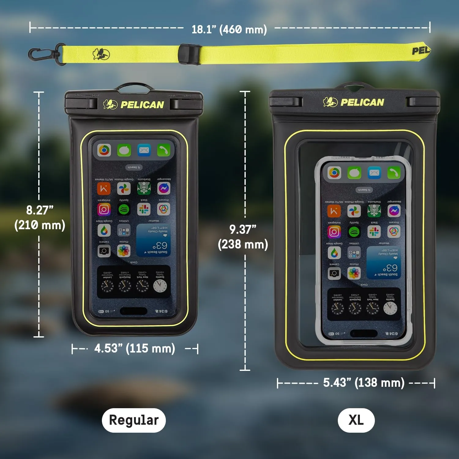 Pelican 2 Pack Marine - IP68 Waterproof Phone Pouch (XL Size) Floating Waterproof Phone Case - Beach Cruise Ship Travel Essentials - Works with All Phones - Detachable Lanyard - Black / Hi-Vis Yellow