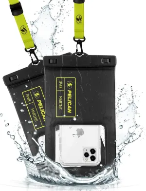 Pelican 2 Pack Marine - IP68 Waterproof Phone Pouch (XL Size) Floating Waterproof Phone Case - Beach Cruise Ship Travel Essentials - Works with All Phones - Detachable Lanyard - Black / Hi-Vis Yellow