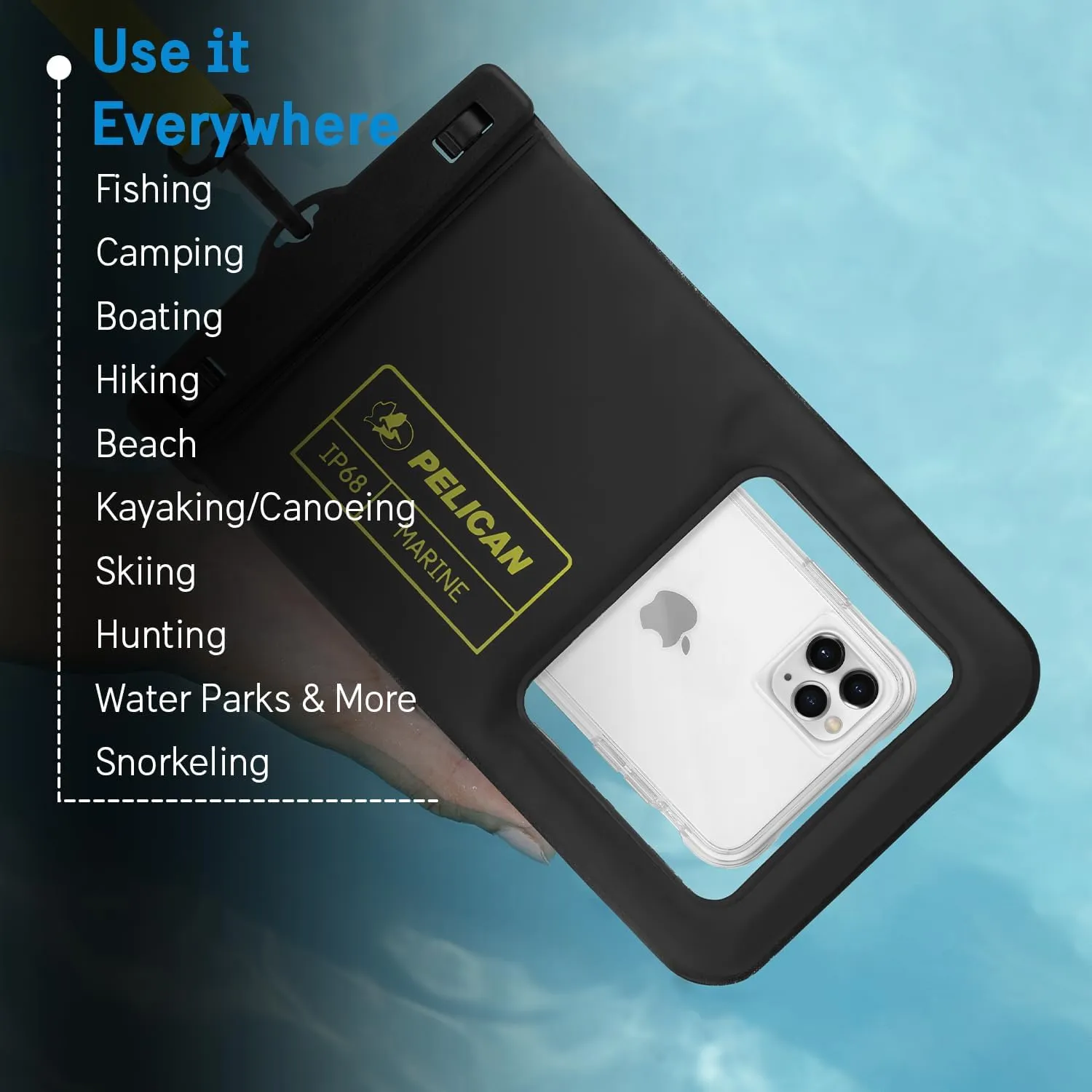 Pelican 2 Pack Marine - IP68 Waterproof Phone Pouch (XL Size) Floating Waterproof Phone Case - Beach Cruise Ship Travel Essentials - Works with All Phones - Detachable Lanyard - Black / Hi-Vis Yellow
