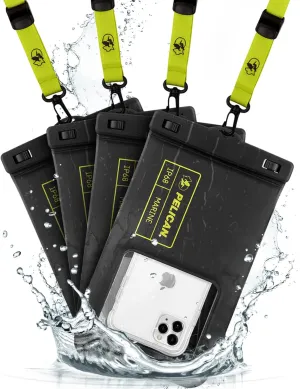 Pelican 4 Pack Marine - IP68 Waterproof Phone Pouch (XL Size) Floating Waterproof Phone Case - Beach Cruise Ship Travel Essentials - Works with All Phones - Detachable Lanyard - Black / Hi-Vis Yellow