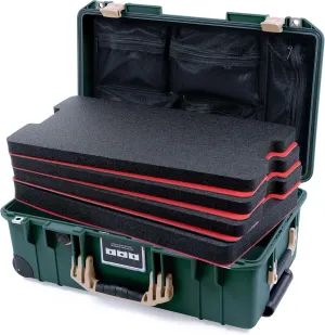 Pelican Air 1535 Carry-on Case by ColorCase - Trekking Green - Medium Size Waterproof Case with Shadow Tool Foam Kit & Mesh Lid Organizer - Desert Tan Handles & Latches