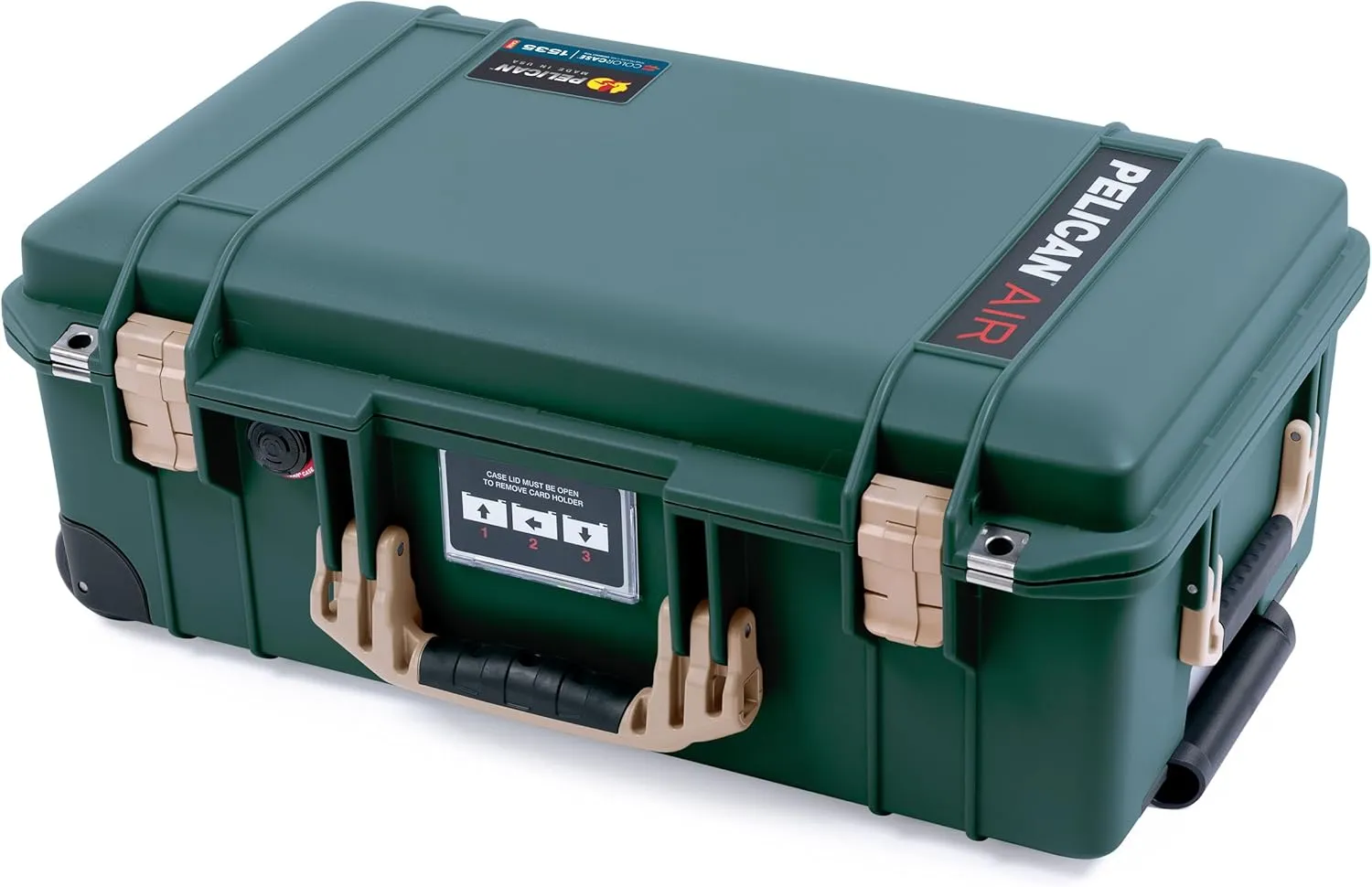Pelican Air 1535 Carry-on Case by ColorCase - Trekking Green - Medium Size Waterproof Case with Shadow Tool Foam Kit & Mesh Lid Organizer - Desert Tan Handles & Latches