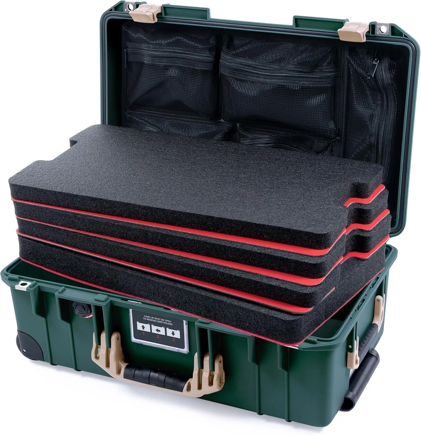 Pelican Air 1535 Carry-on Case by ColorCase - Trekking Green - Medium Size Waterproof Case with Shadow Tool Foam Kit & Mesh Lid Organizer - Desert Tan Handles & Latches